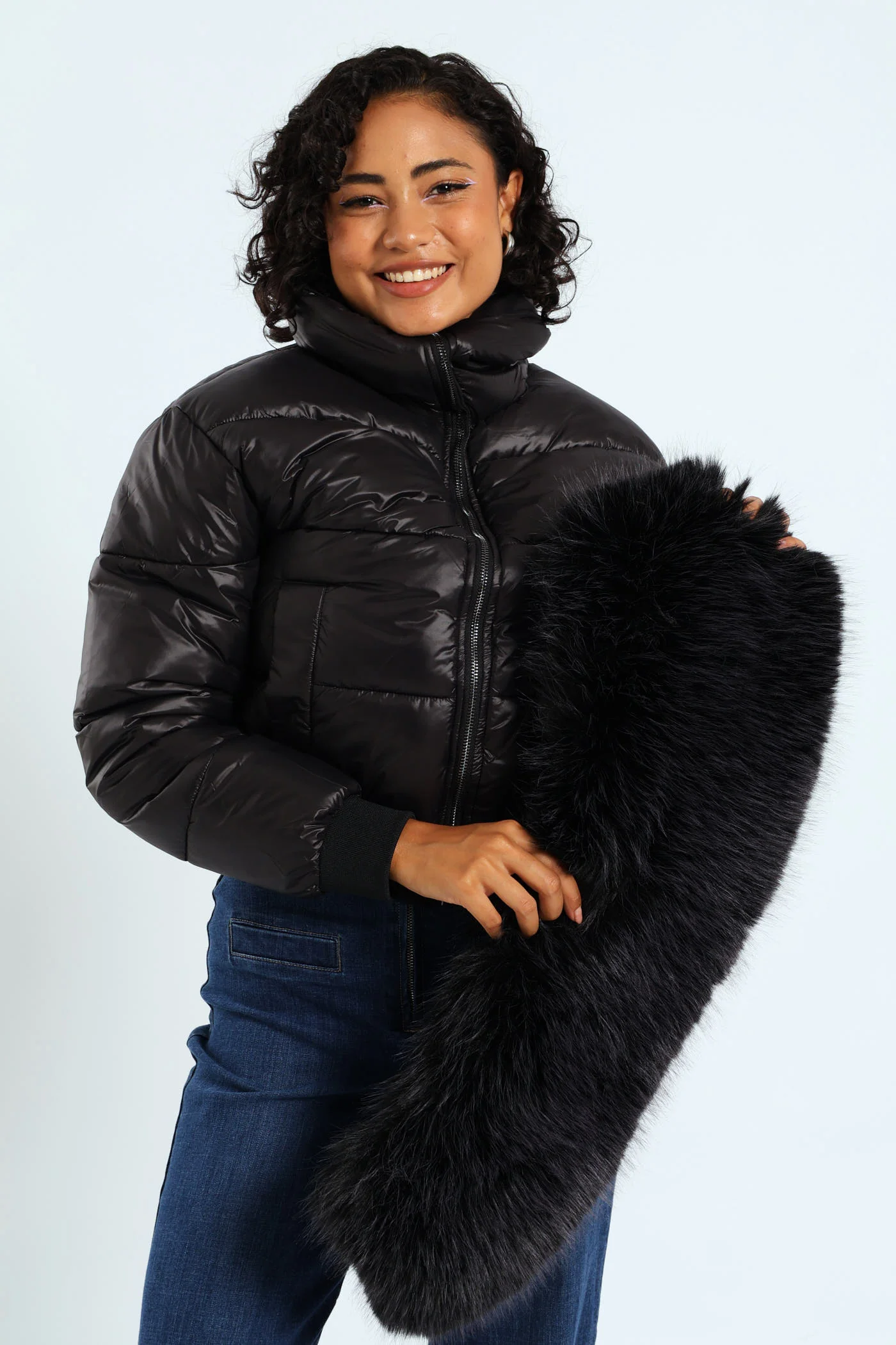Roll With It Puffer Jacket With Fur Collar - Black - Image 2