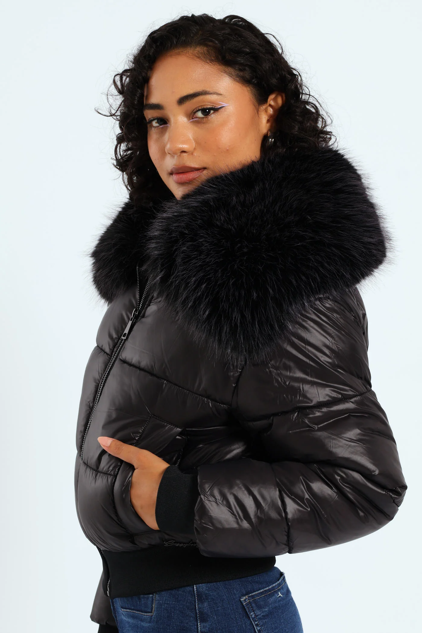 Roll With It Puffer Jacket With Fur Collar - Black - Image 5