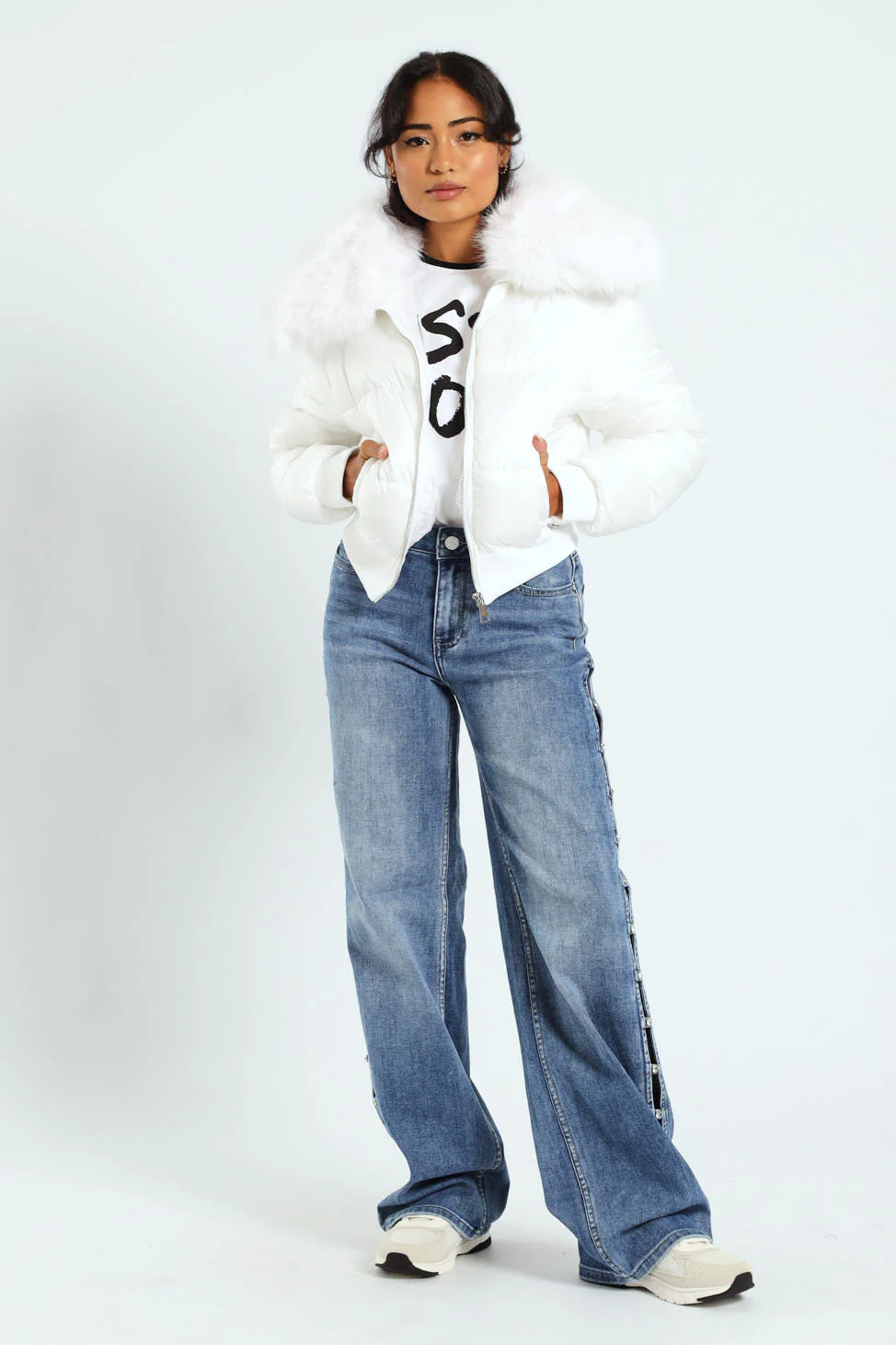 Roll With It Puffer Jacket With Fur Collar - White - Image 5