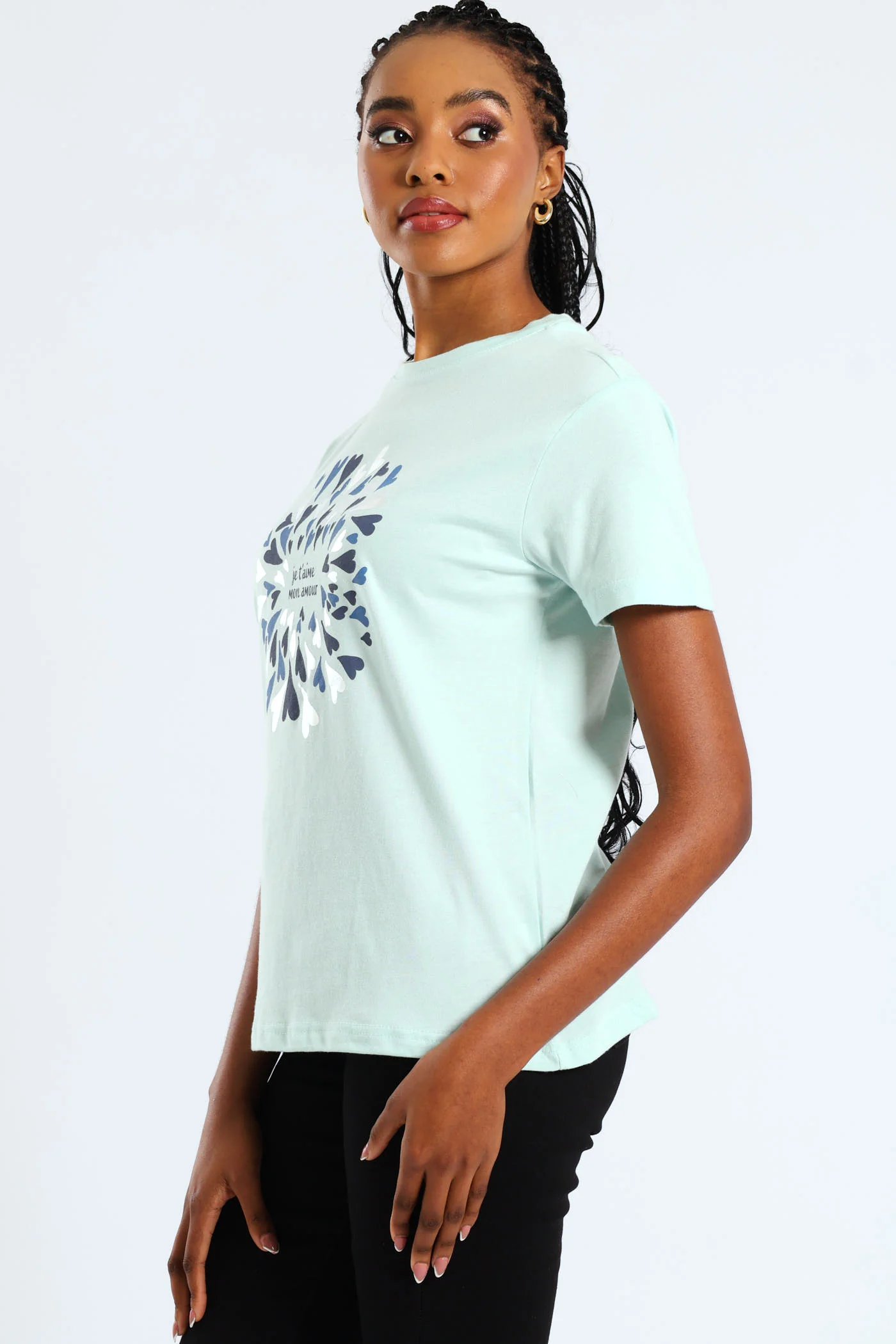 Romantic French Slogan Hearts Foil Tee - Light Blue - Image 2