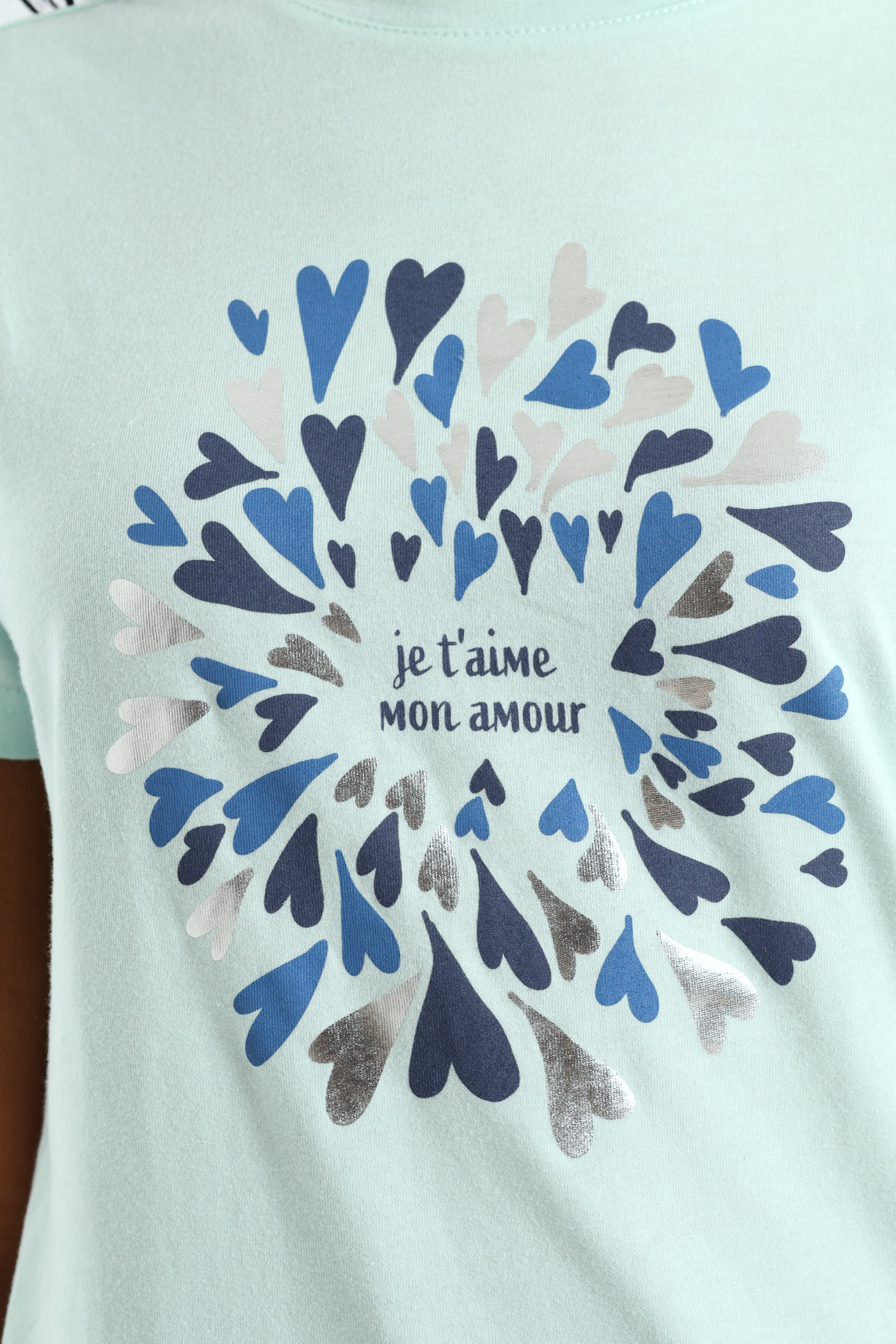 Romantic French Slogan Hearts Foil Tee - Light Blue - Image 4