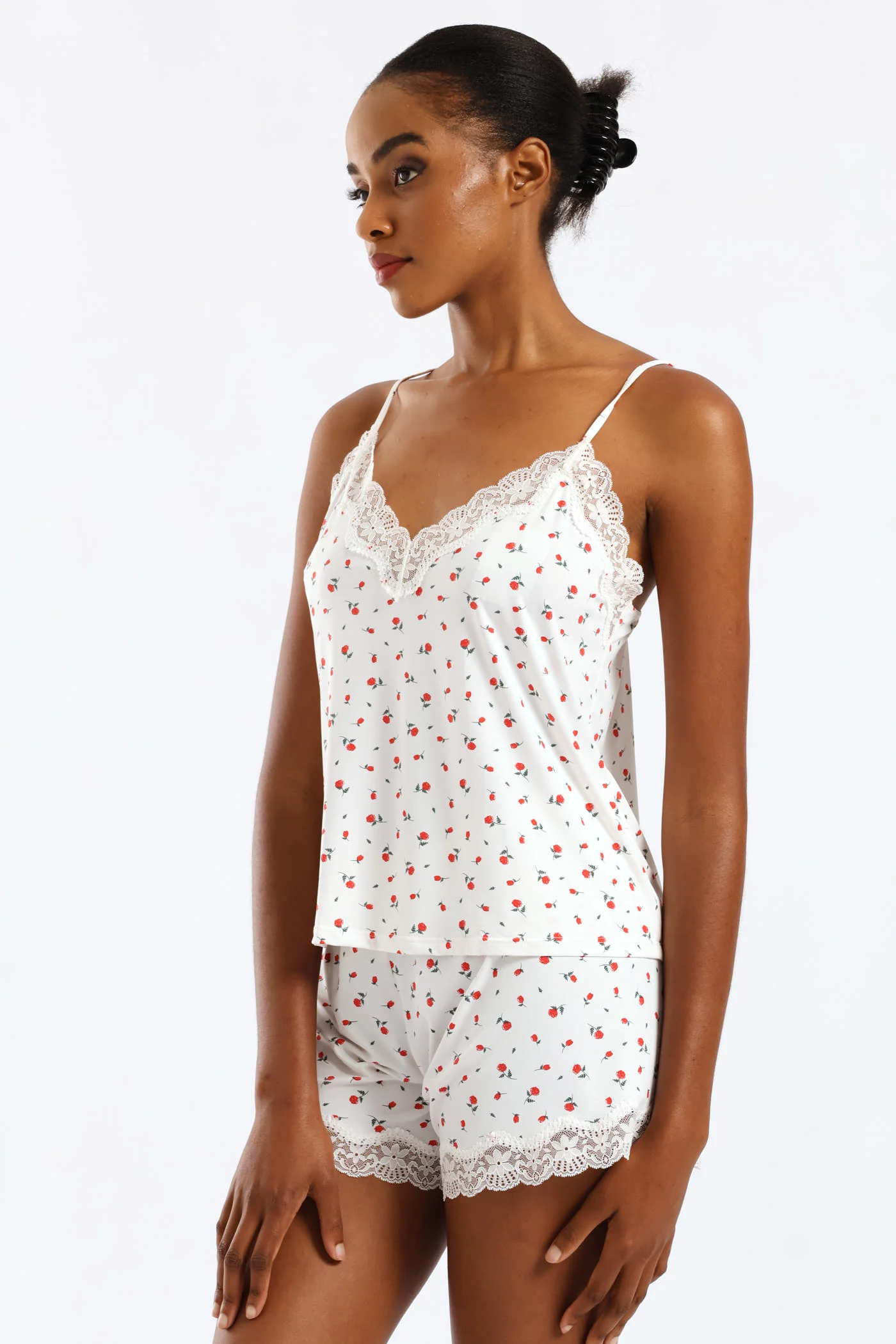 Roses Polyamide Cami & Short Set - White/Red - Image 5