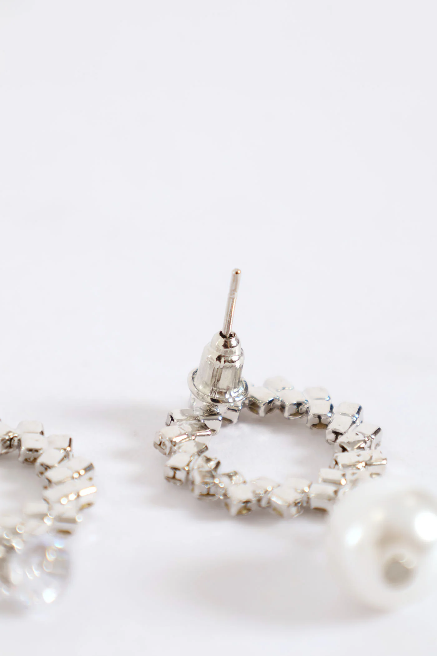 Round Diamante Pearl Bead Drop Earrings - Silver - Image 2
