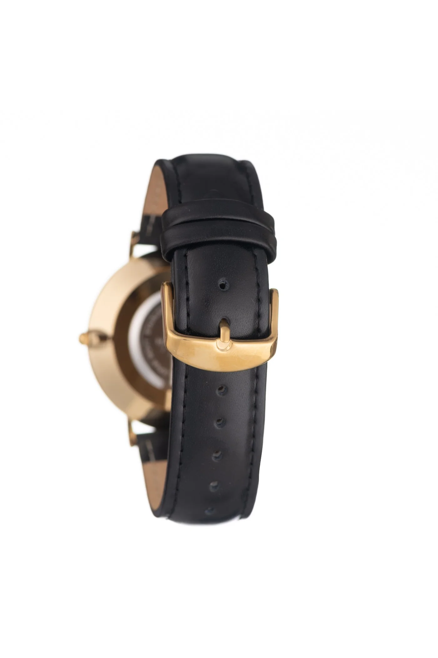 Round Gold Classic Black Leather Strap Watch - Gold - Image 2