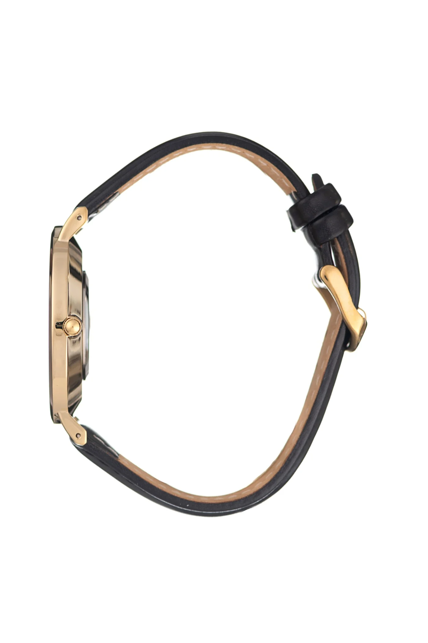 Round Gold Classic Black Leather Strap Watch - Gold - Image 3