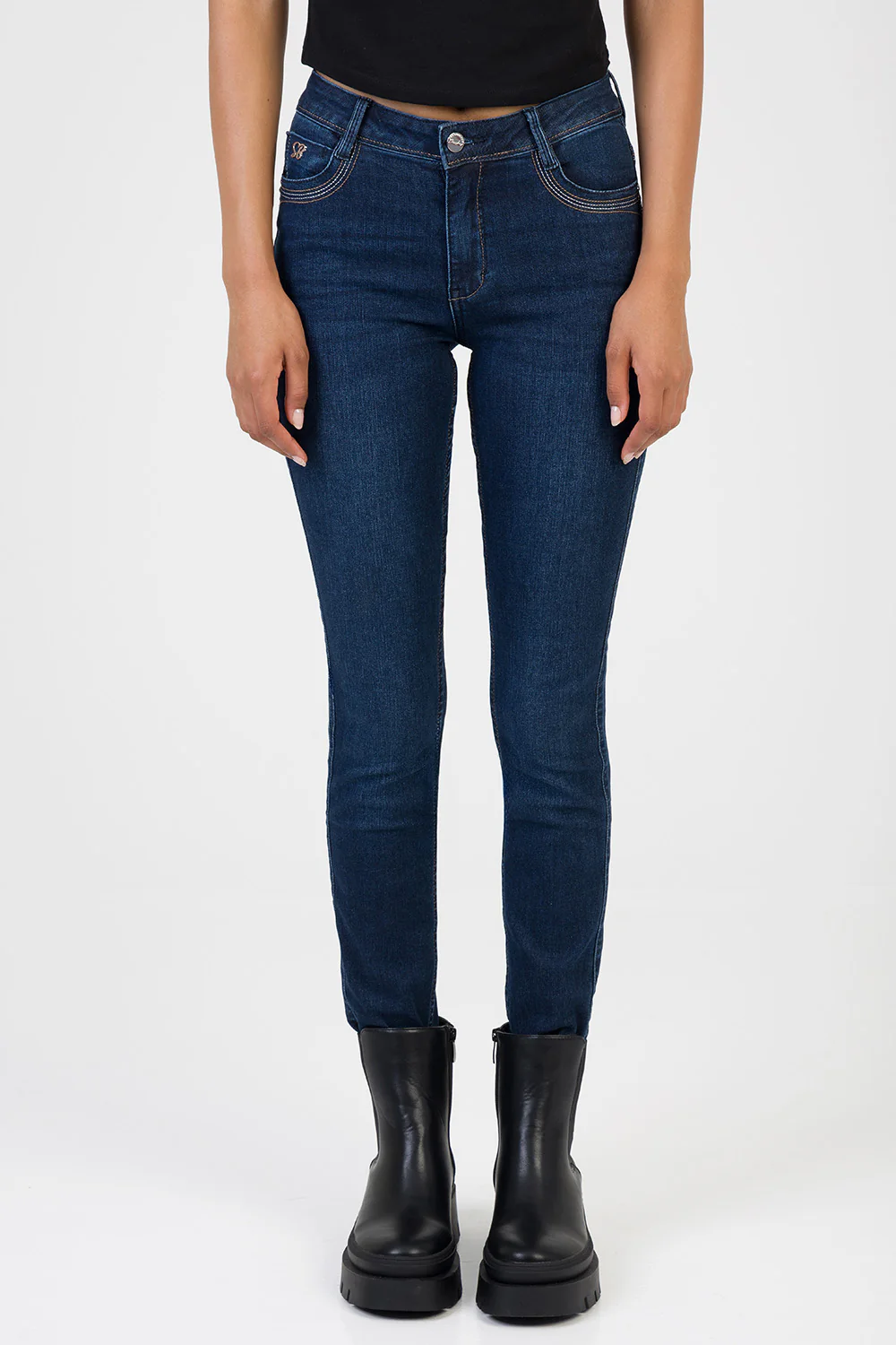 Roxy Front Stitching Detail Mid Wasit Skinny Jean - Dark Wash - Image 2