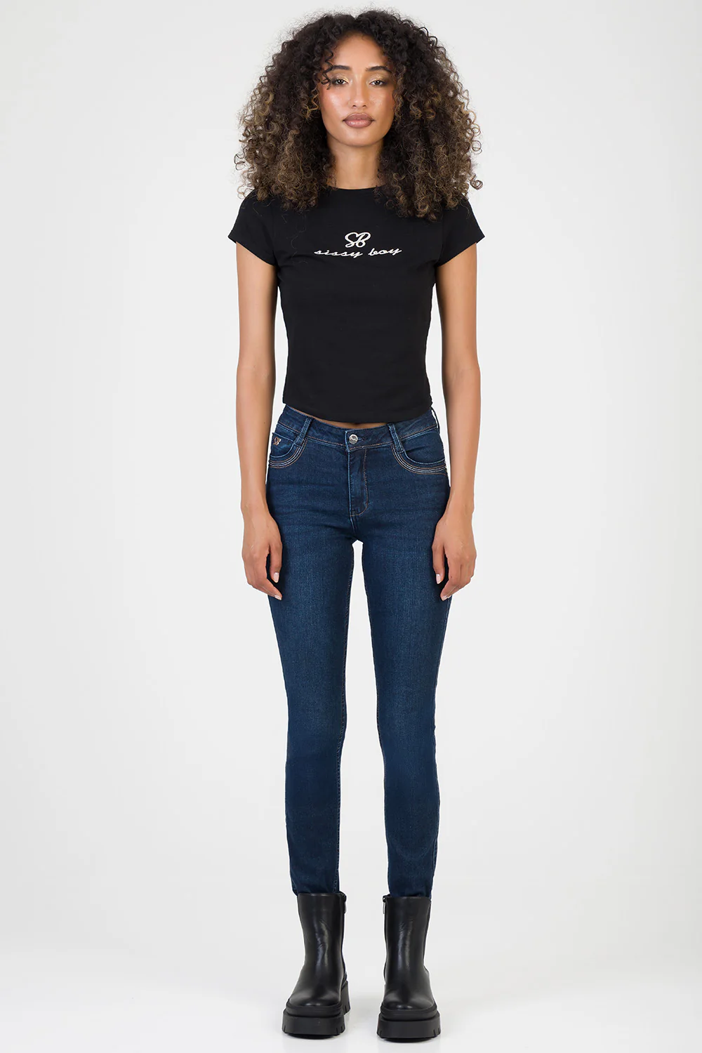 Roxy Front Stitching Detail Mid Wasit Skinny Jean - Dark Wash - Image 3