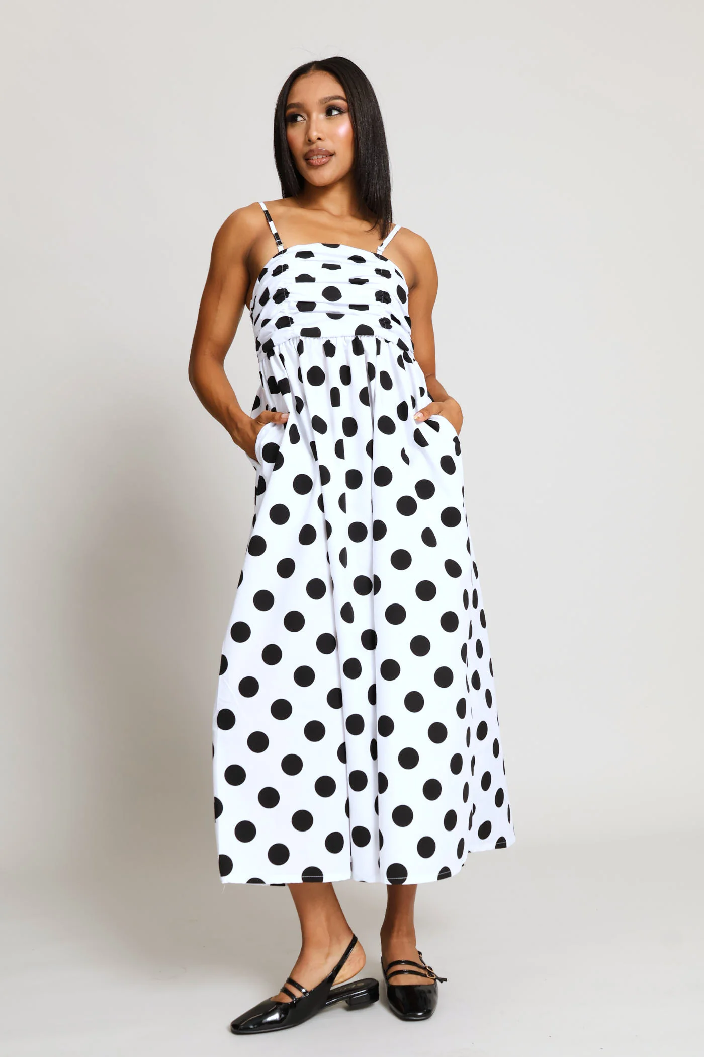 Ruched Bodice Strapless Fit & Flare Polka Midi Dress - White/Black - Image 3