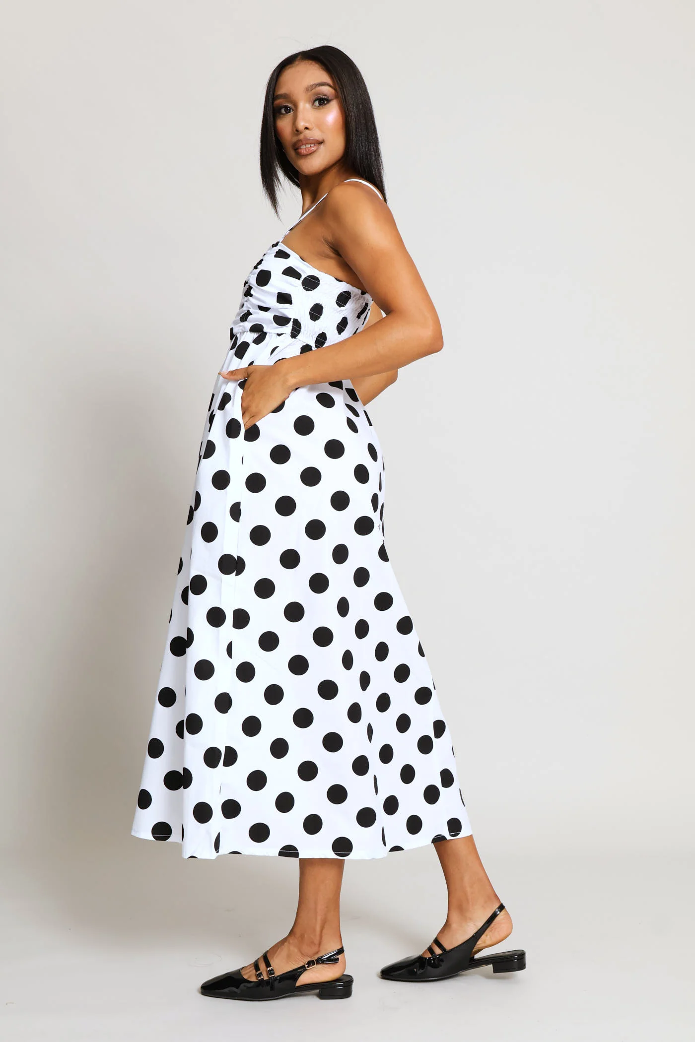 Ruched Bodice Strapless Fit & Flare Polka Midi Dress - White/Black - Image 4