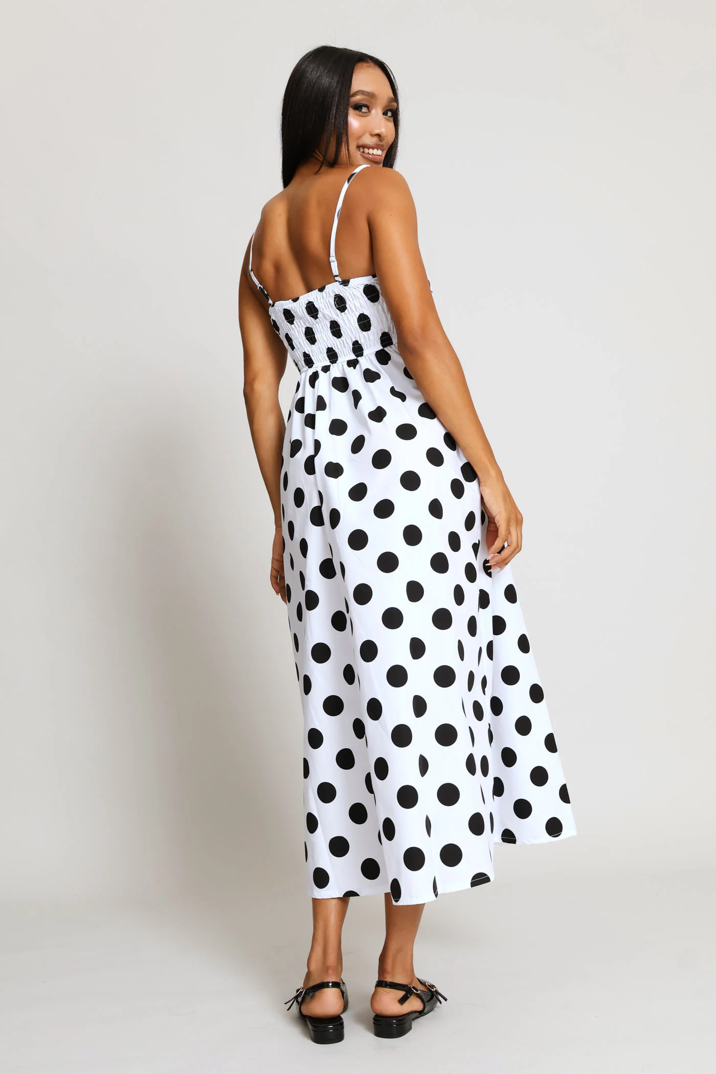 Ruched Bodice Strapless Fit & Flare Polka Midi Dress - White/Black - Image 6