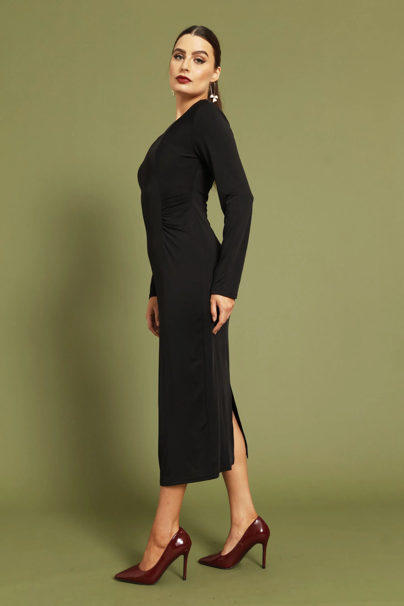 Ruched Panel Long Sleeve Textured Midi Dress - Black - Image 3