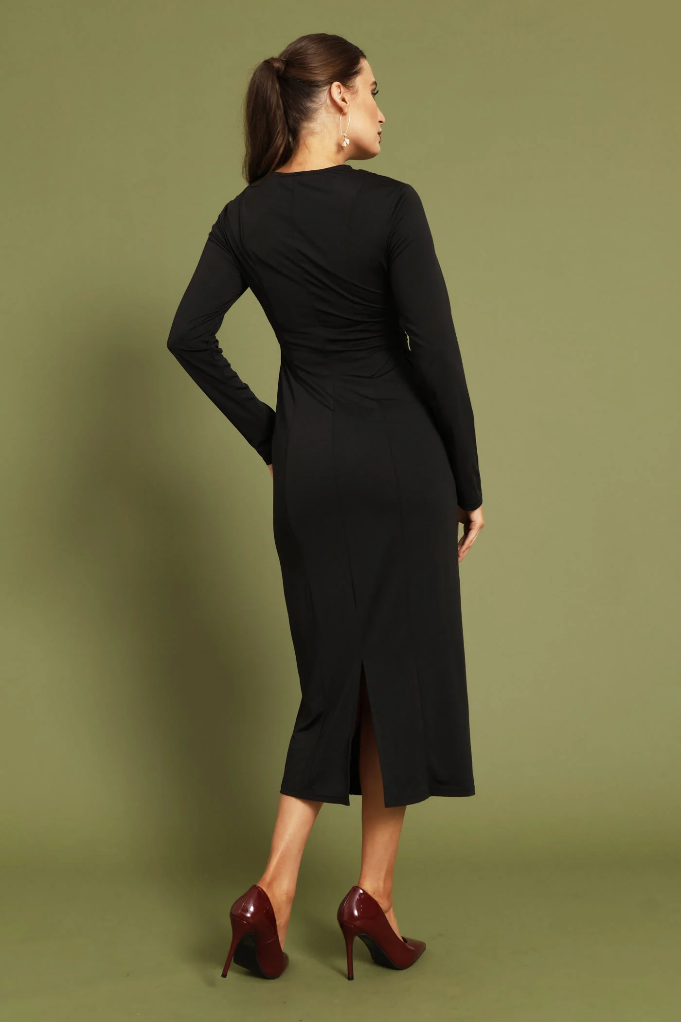 Ruched Panel Long Sleeve Textured Midi Dress - Black - Image 5