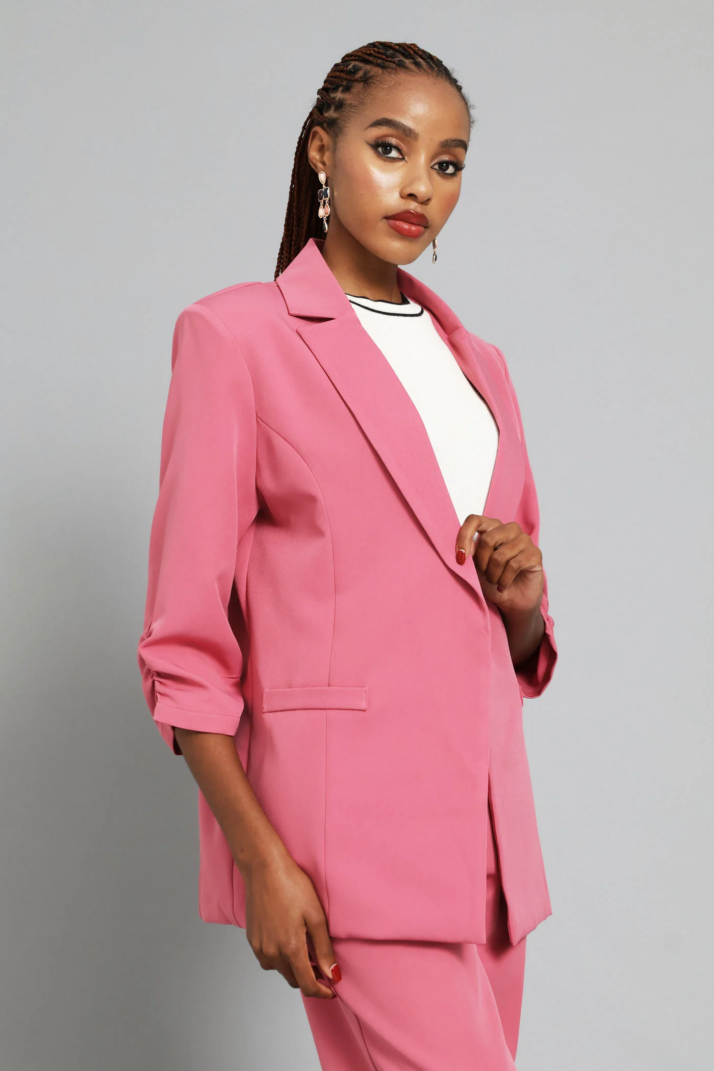 Ruched Sleeve Blazer - Blush - Image 3