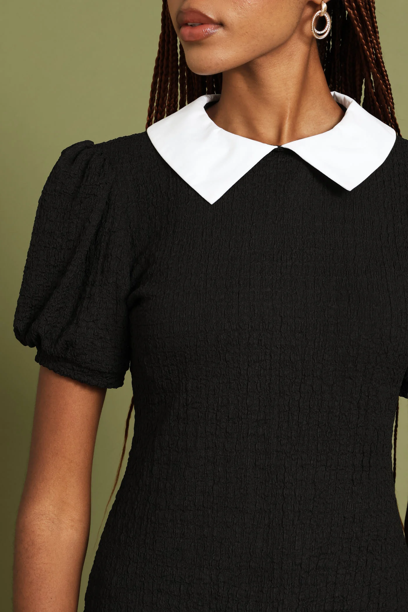 Ruched Sleeve Contrast Textured Blouse - Black - Image 2