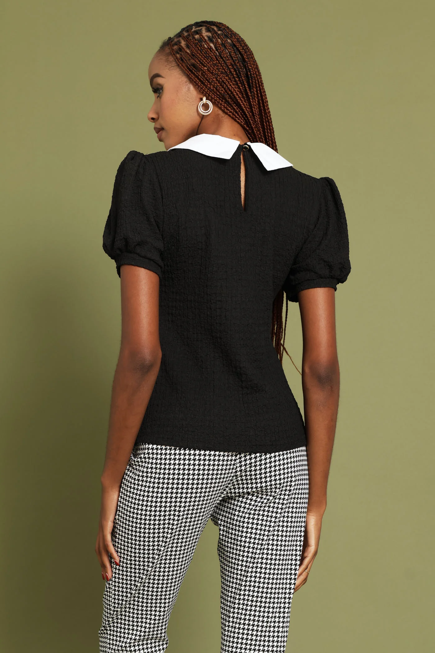 Ruched Sleeve Contrast Textured Blouse - Black - Image 5
