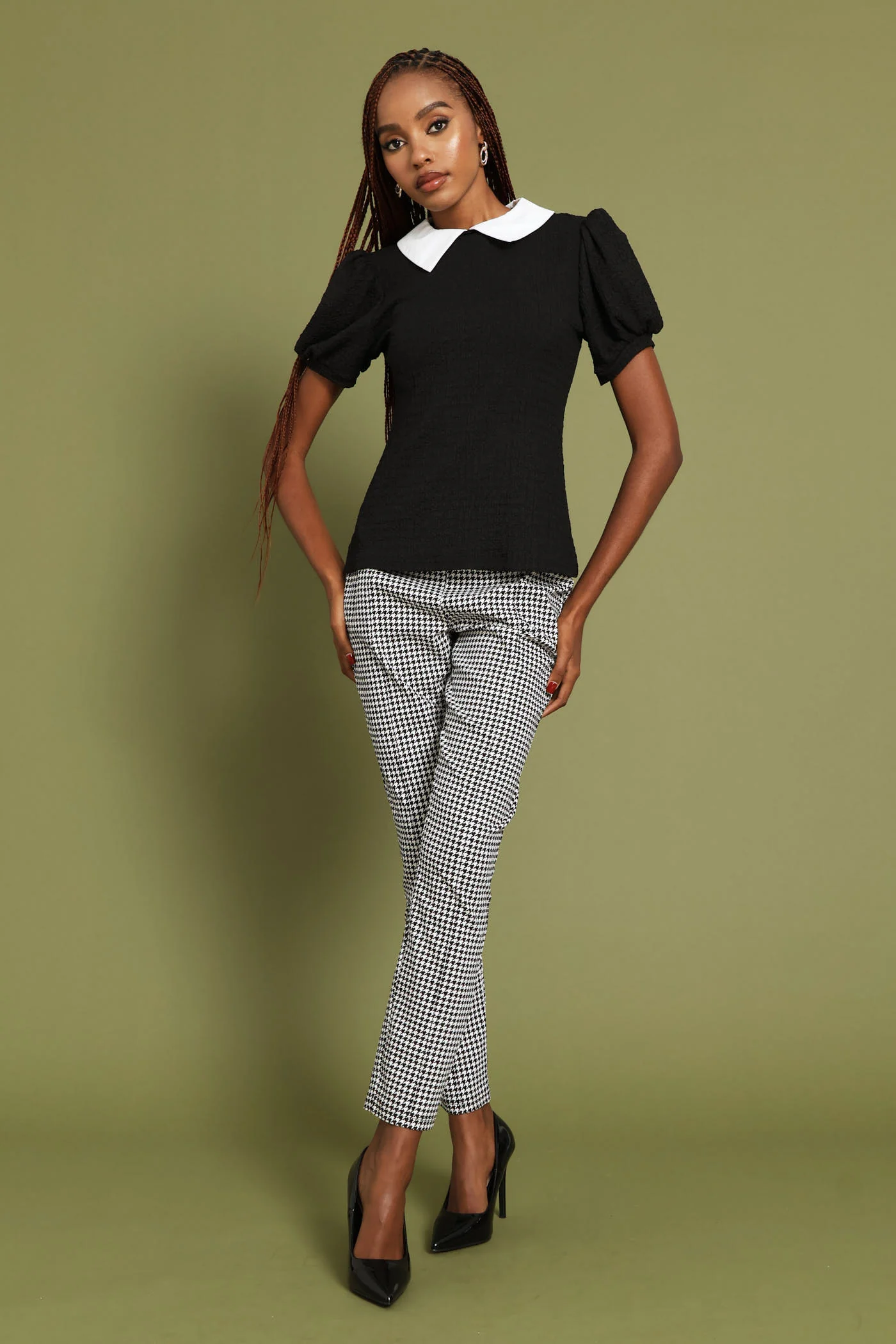 Ruched Sleeve Contrast Textured Blouse - Black - Image 6