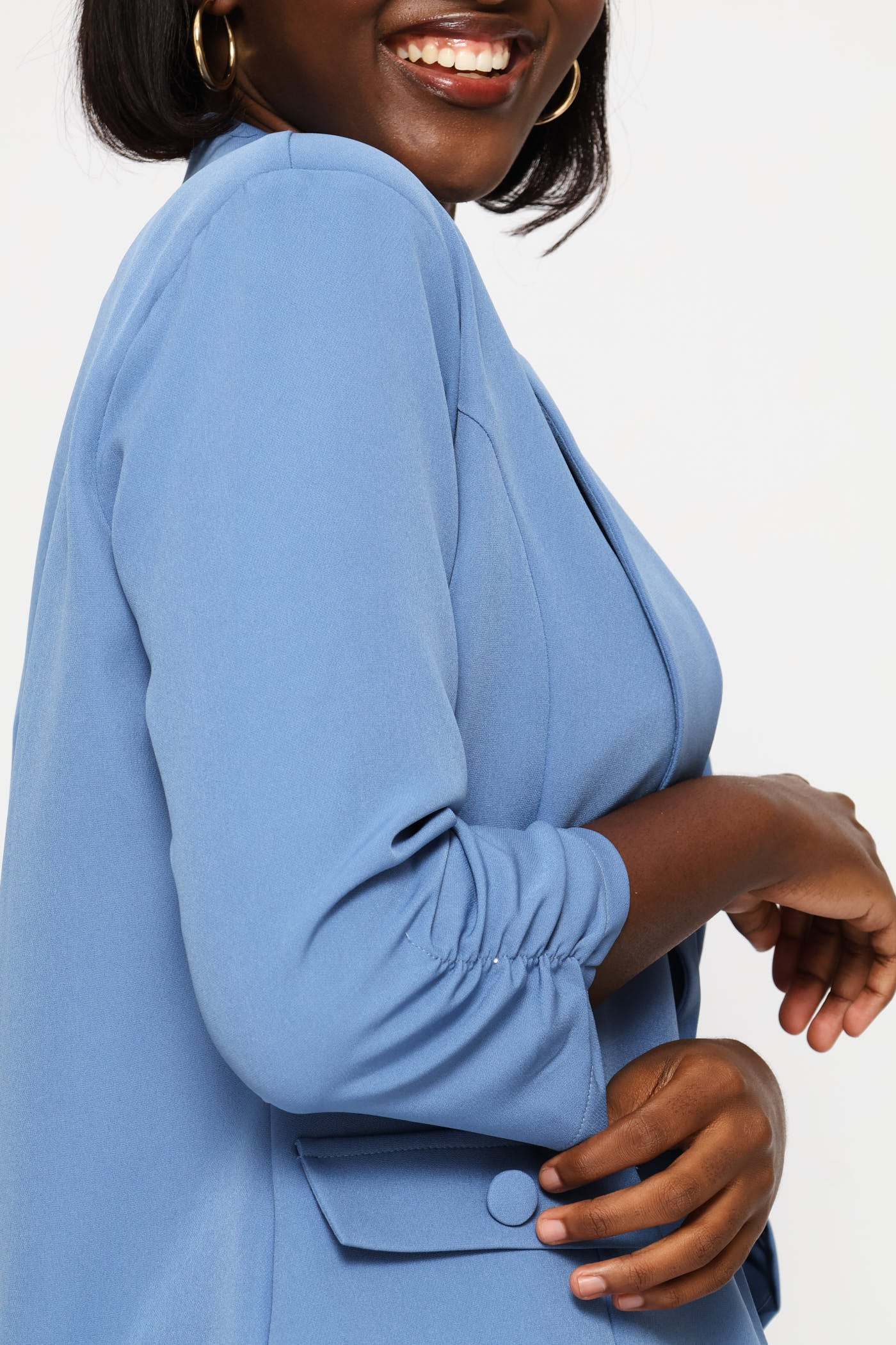 Ruched Sleeve Pocket Button Blazer - Blue - Image 2