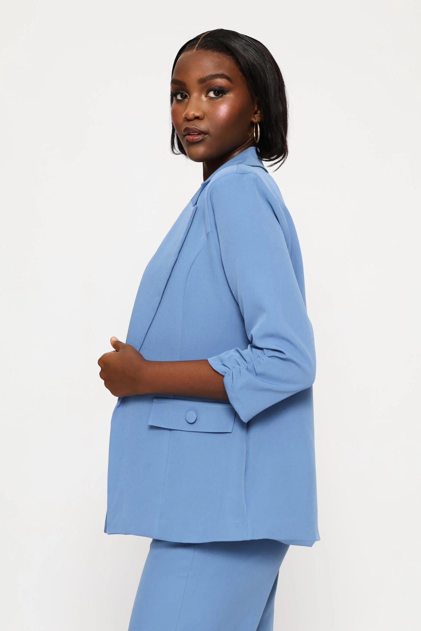 Ruched Sleeve Pocket Button Blazer - Blue - Image 3