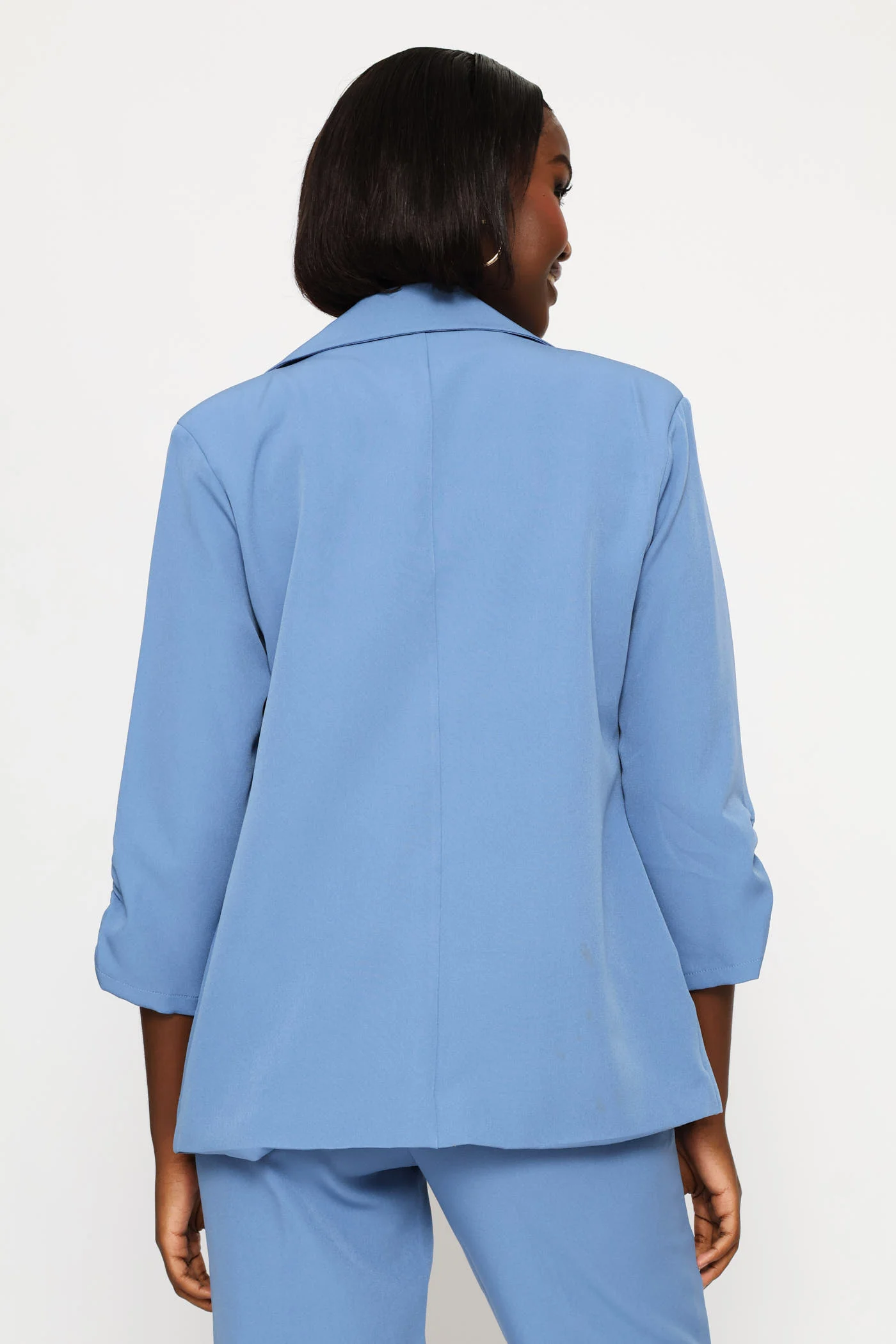 Ruched Sleeve Pocket Button Blazer - Blue - Image 4