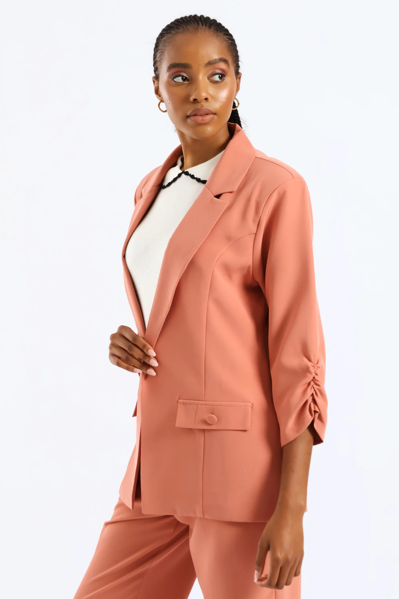 Ruched Sleeve Pocket Button Blazer - Dusty Pink - Image 3