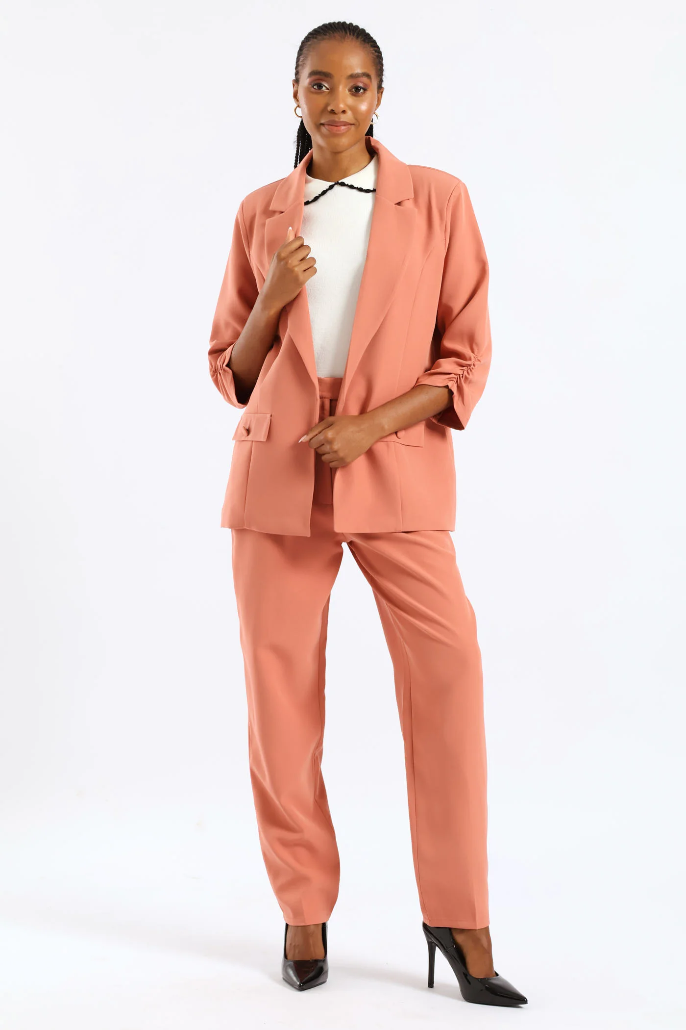 Ruched Sleeve Pocket Button Blazer - Dusty Pink - Image 5
