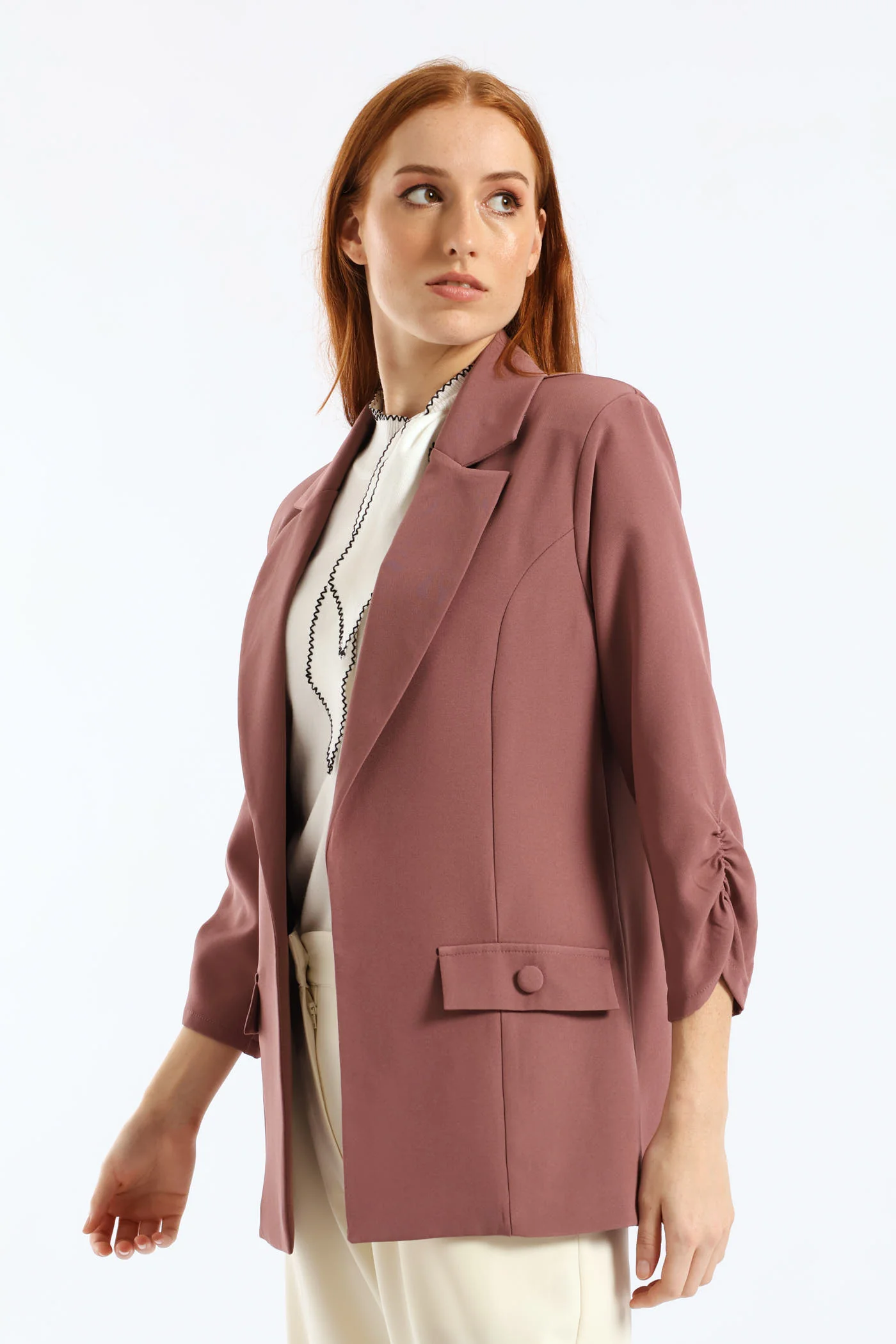 Ruched Sleeve Pocket Button Blazer - Mauve - Image 3