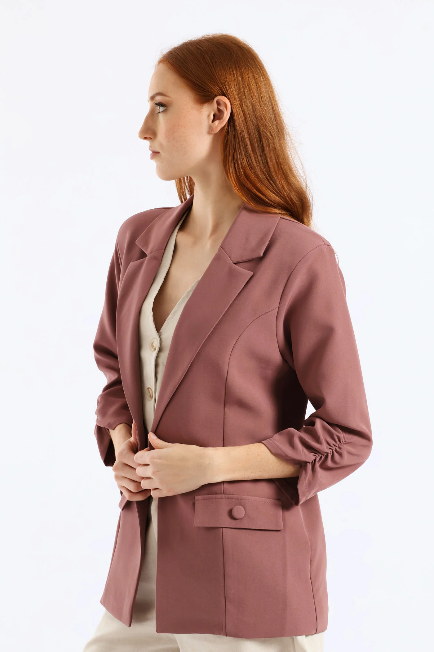 Ruched Sleeve Pocket Button Blazer - Mauve - Image 4