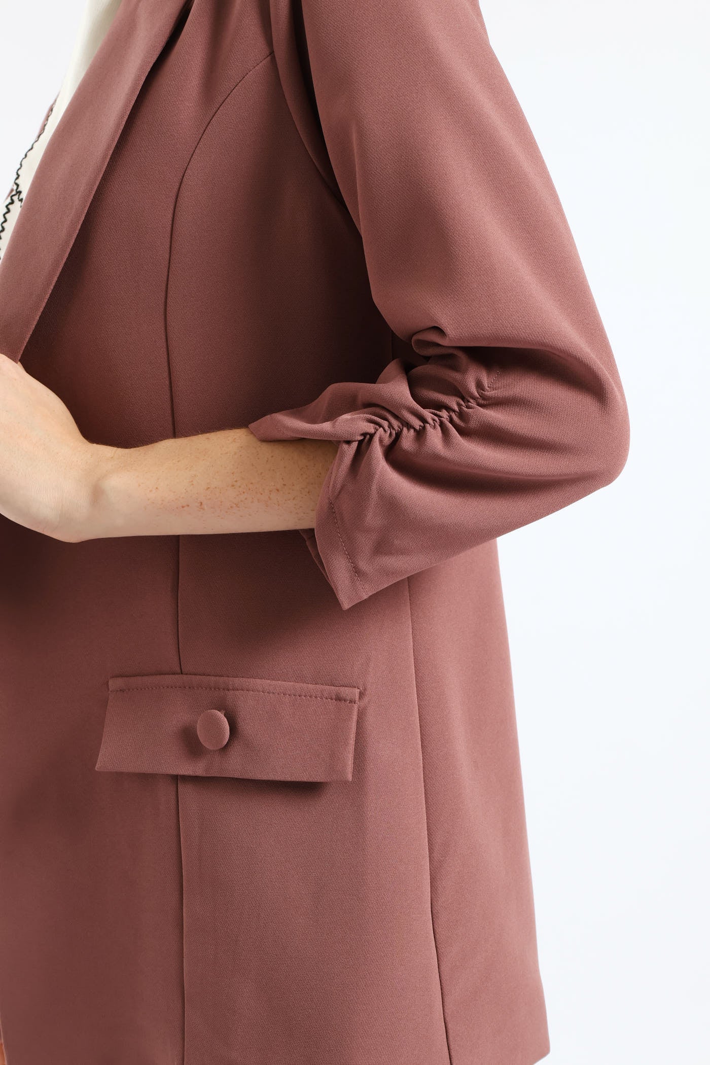 Ruched Sleeve Pocket Button Blazer - Mauve - Image 6