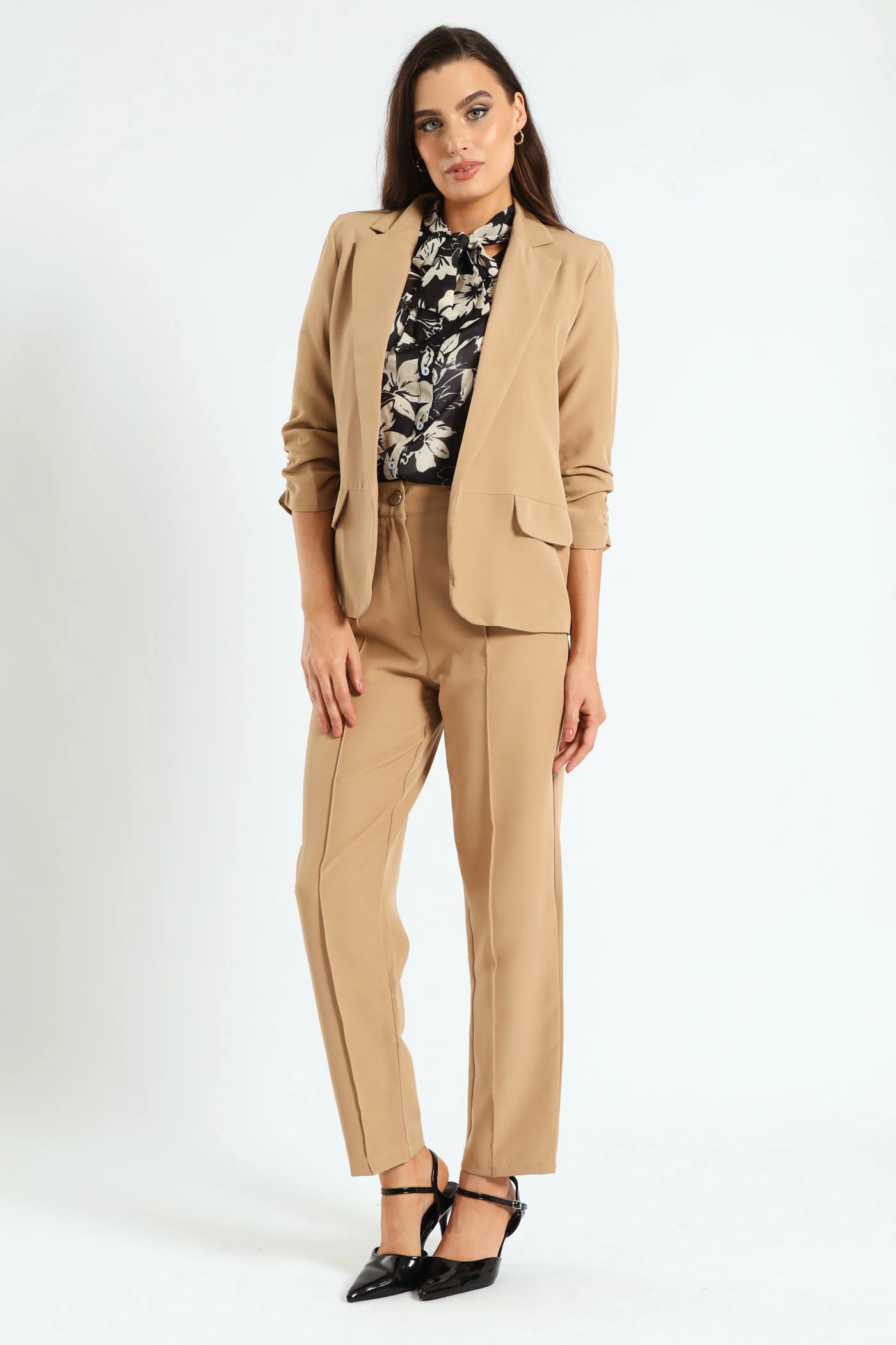 Ruched Sleeve Pocket Flap Blazer - Latte - Image 5