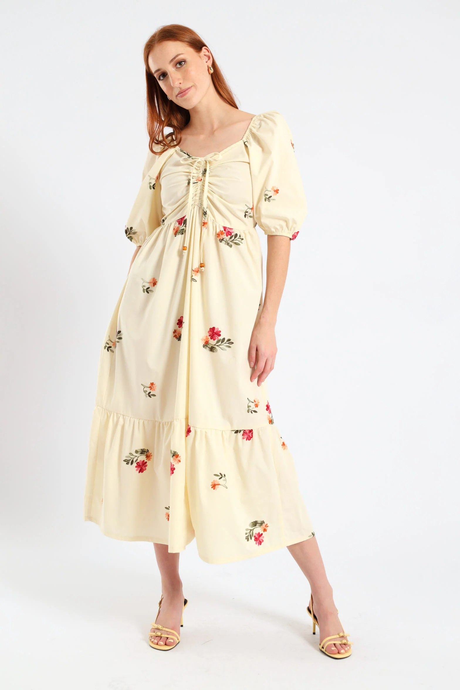 Ruched Tiered Midi Dress - Cream - Image 3