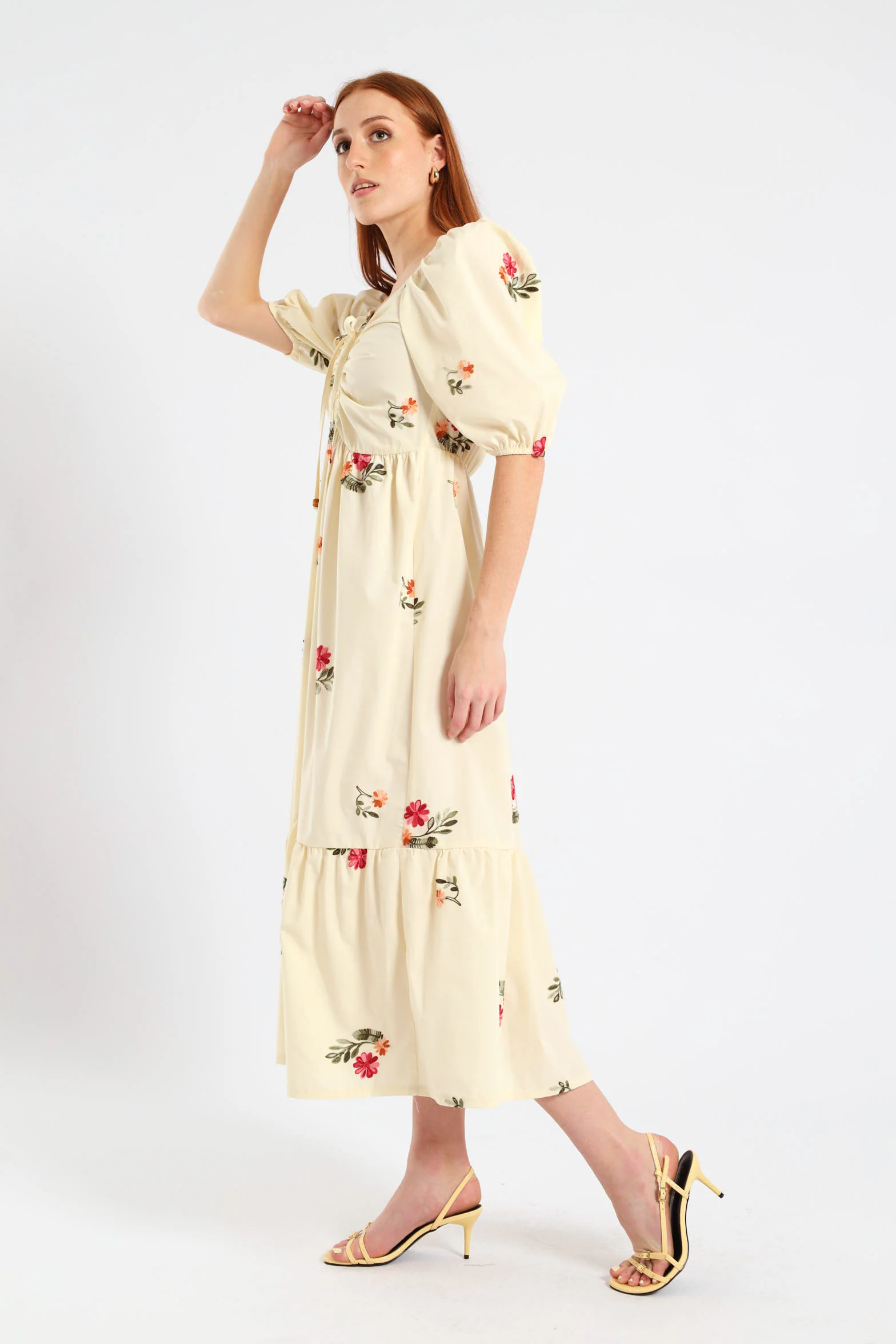 Ruched Tiered Midi Dress - Cream - Image 4