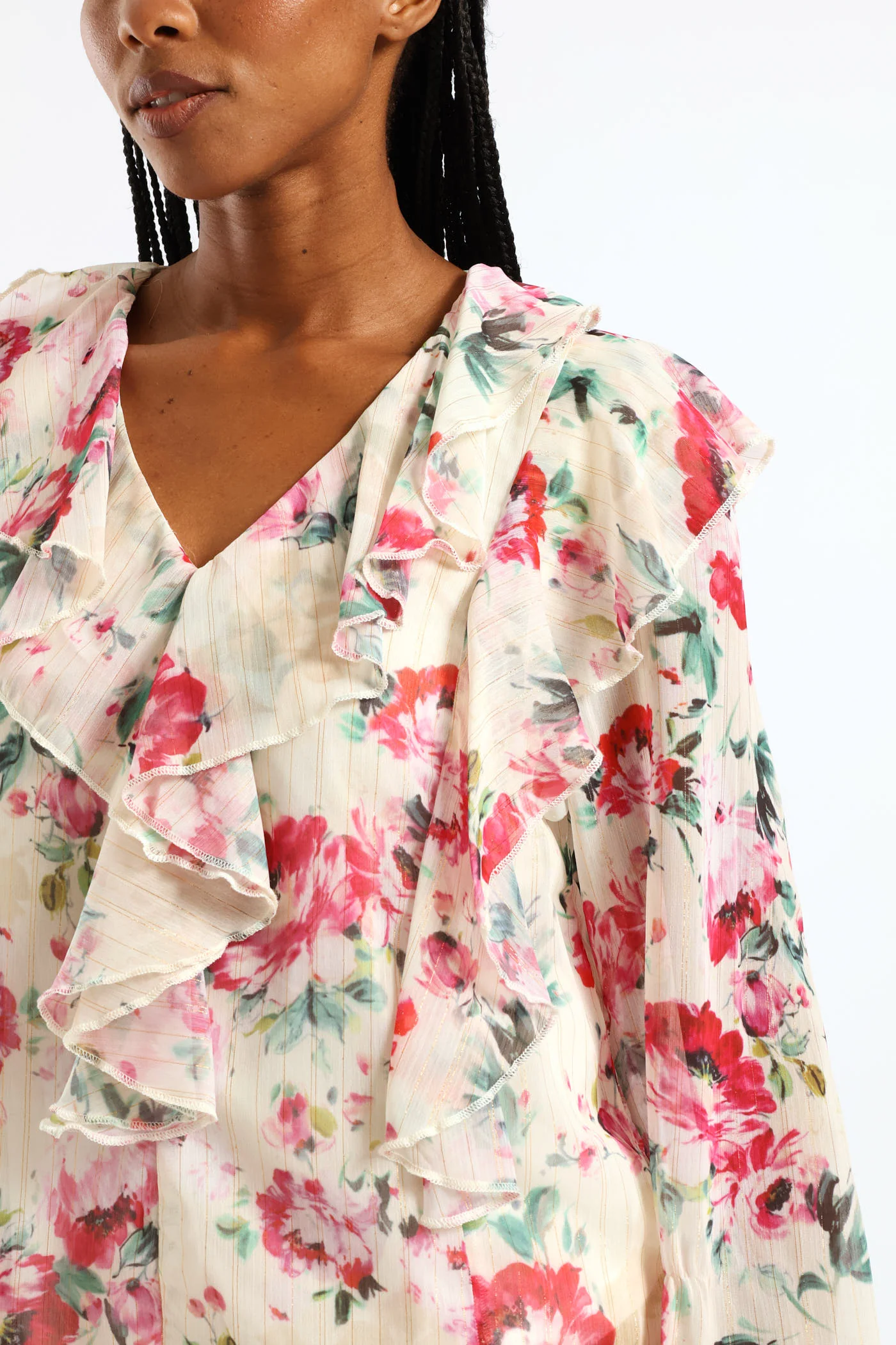 Ruffle Button Through Floral Blouse - Cream - Image 2
