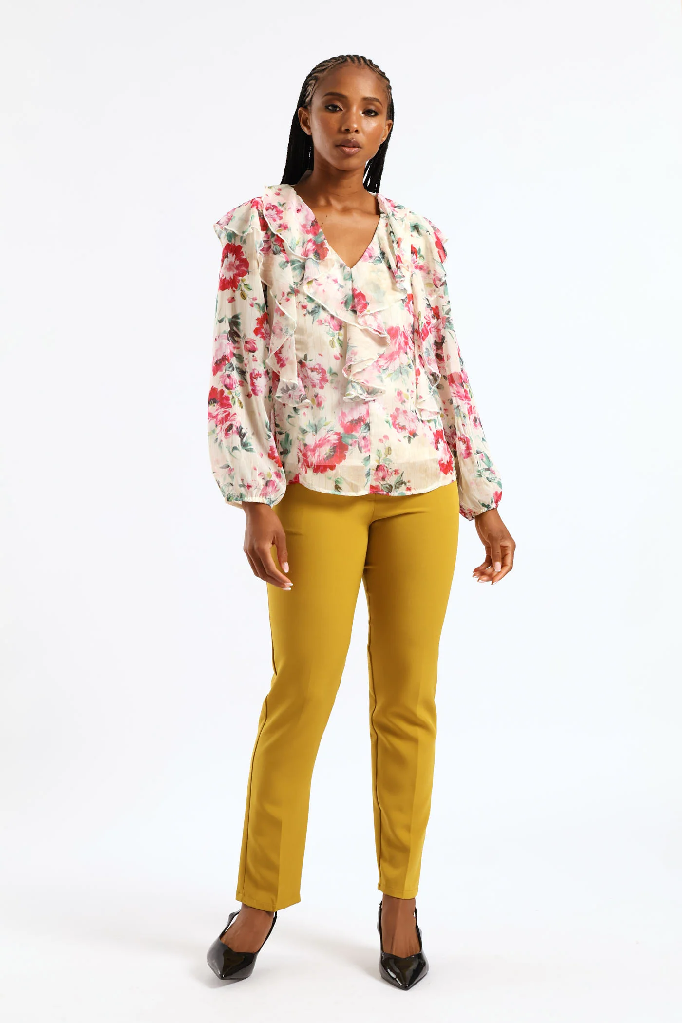 Ruffle Button Through Floral Blouse - Cream - Image 3