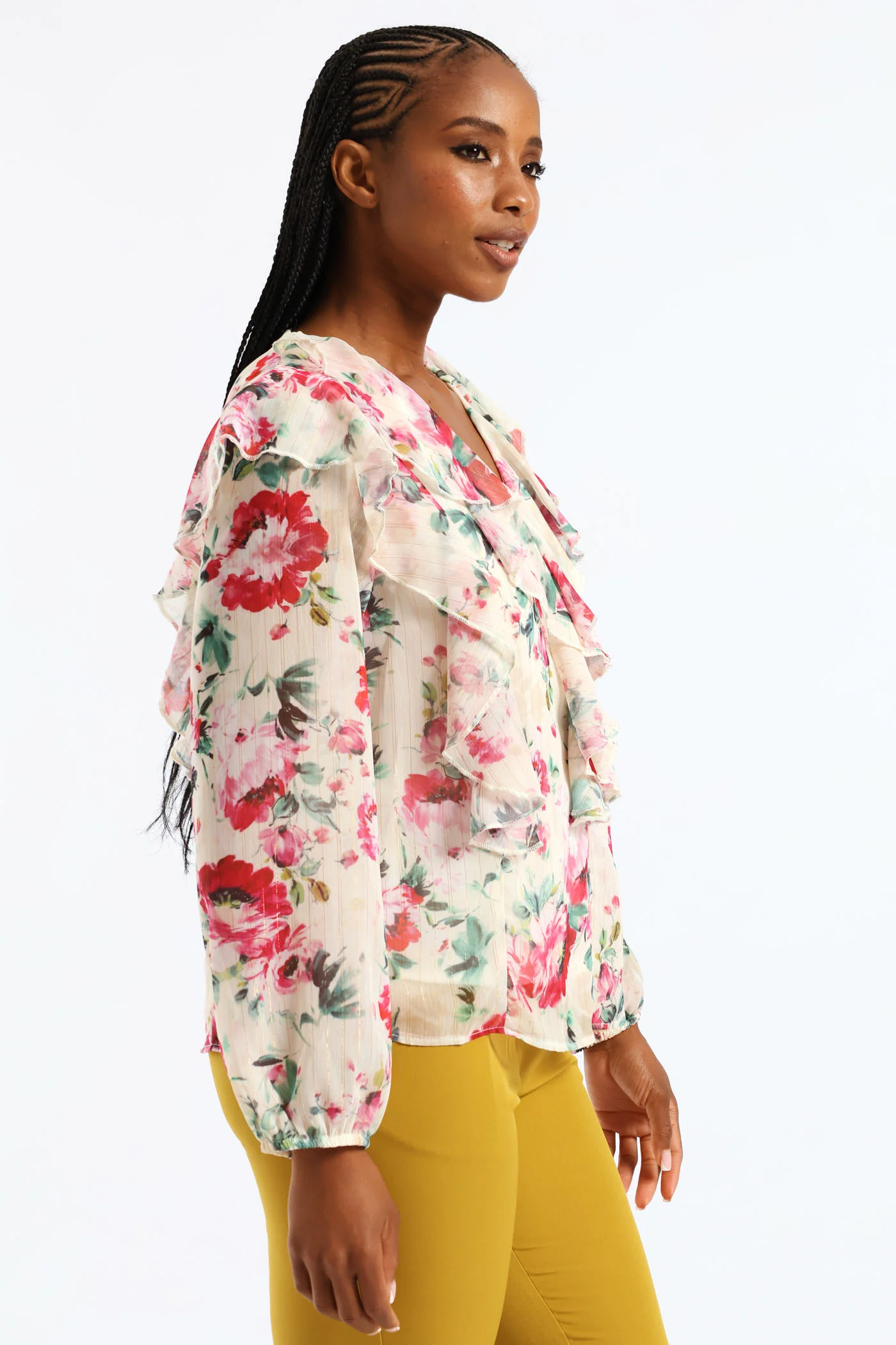 Ruffle Button Through Floral Blouse - Cream - Image 4