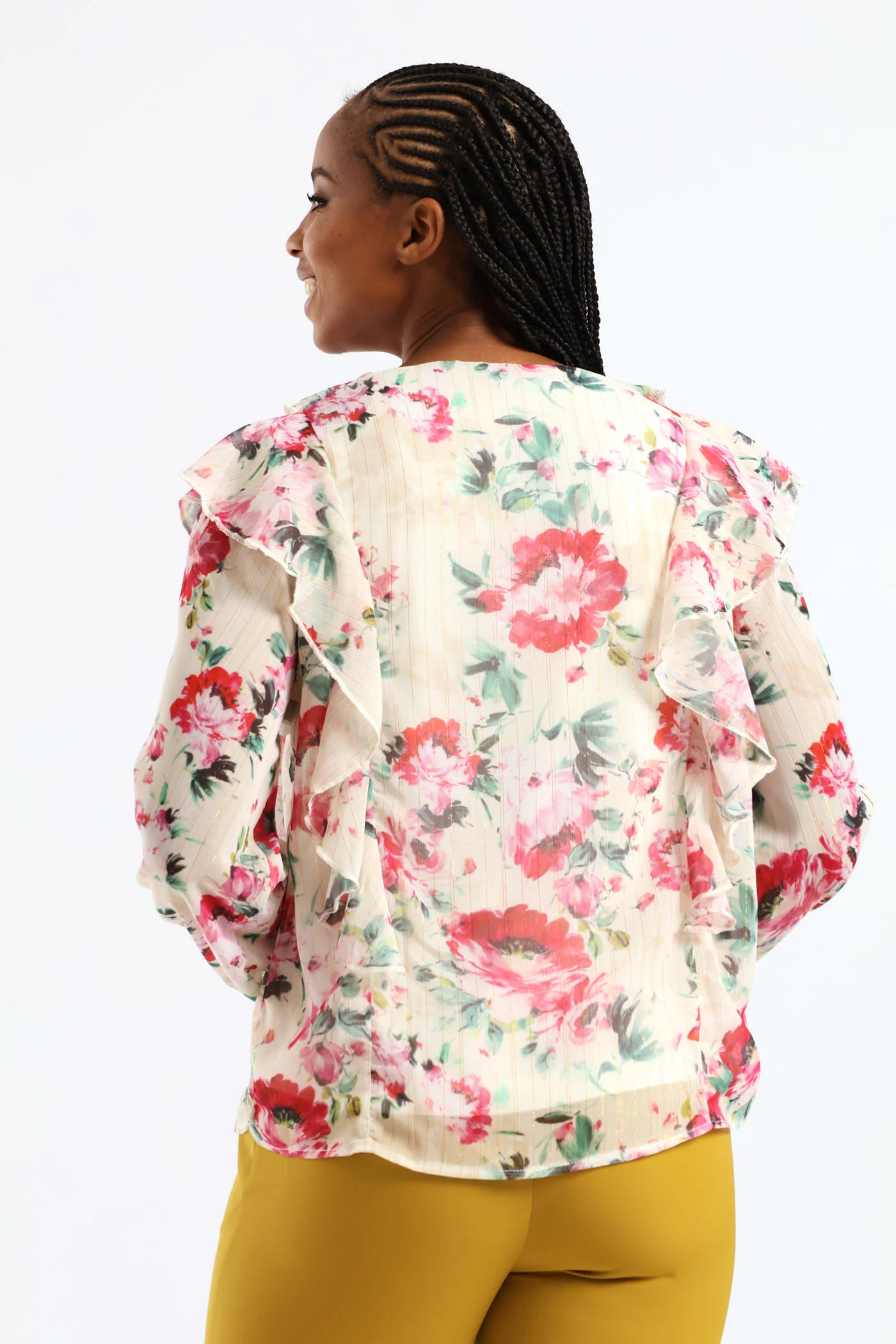 Ruffle Button Through Floral Blouse - Cream - Image 5