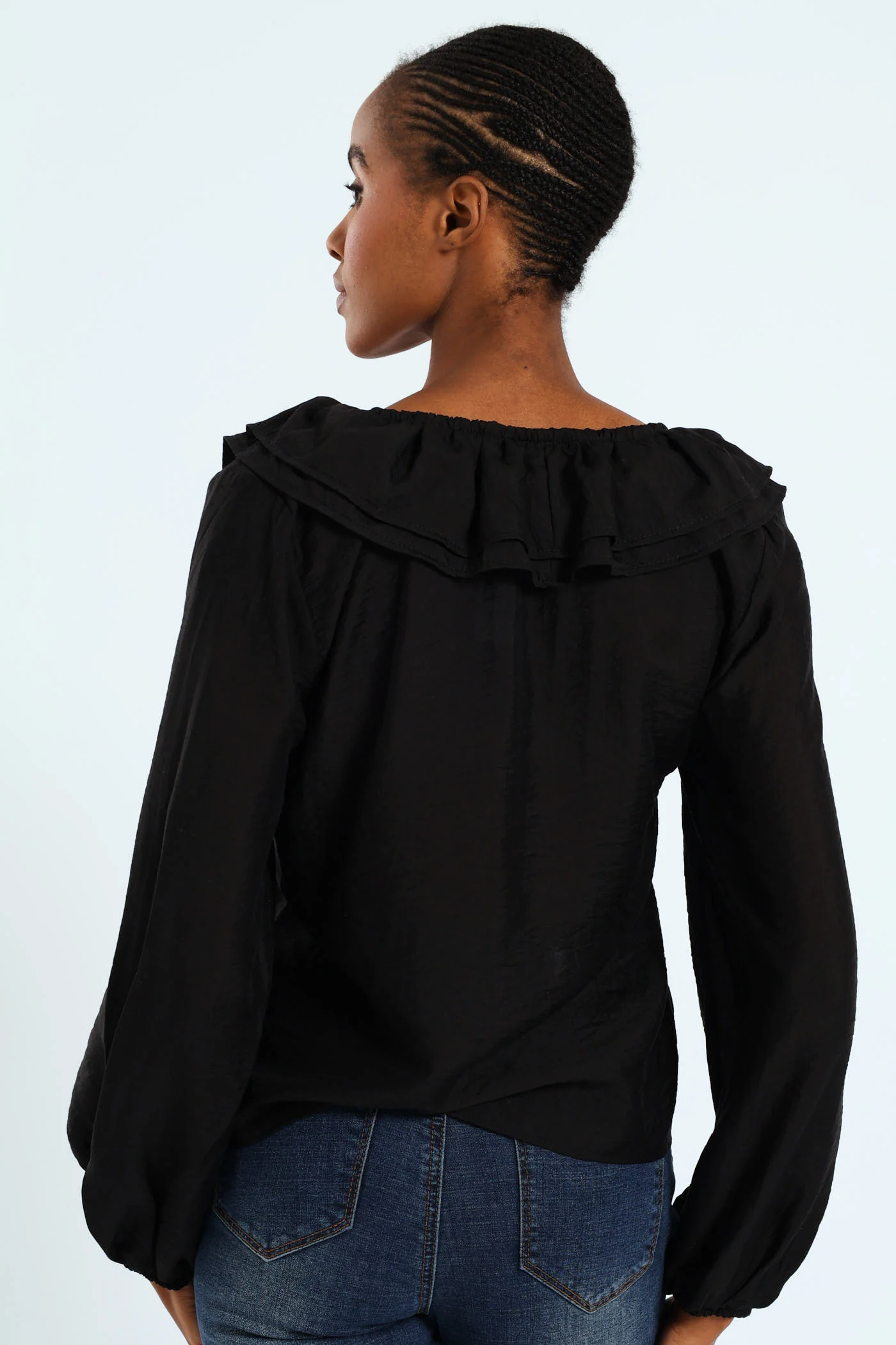 Ruffle Romatic Blouse With Lace Up Ties - Black - Image 2