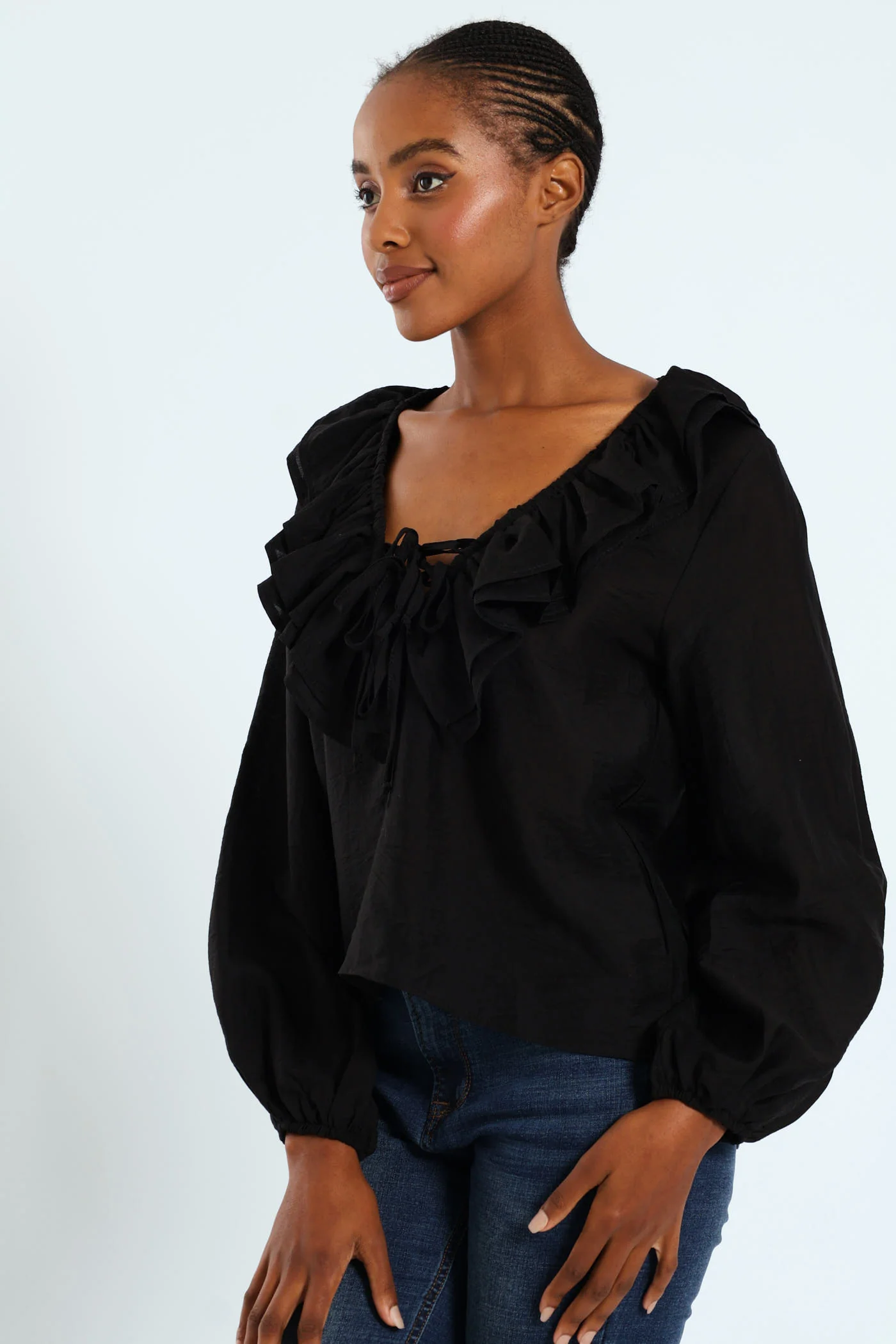 Ruffle Romatic Blouse With Lace Up Ties - Black - Image 3