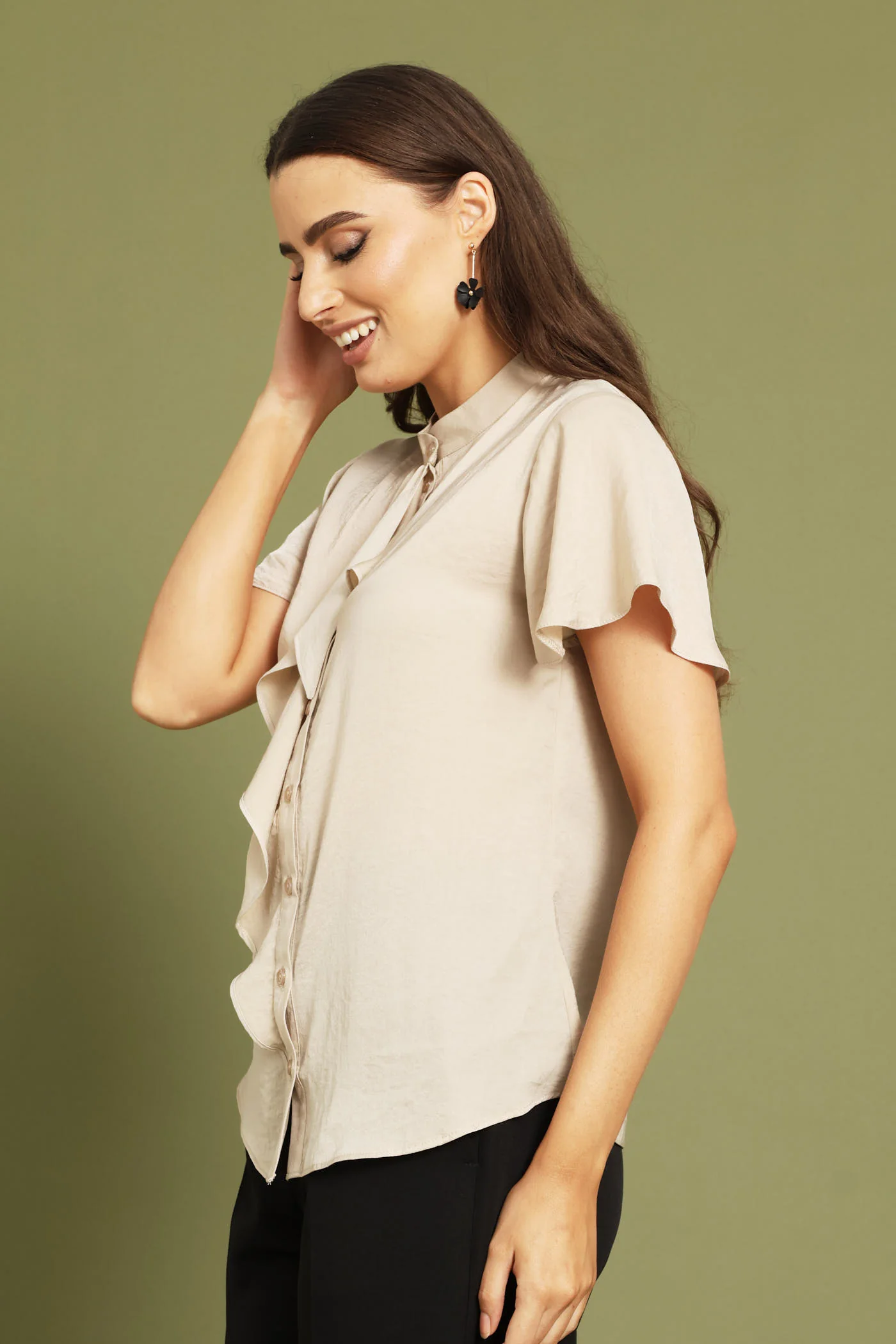 Ruffle Satin Shirt - Champagne - Image 4