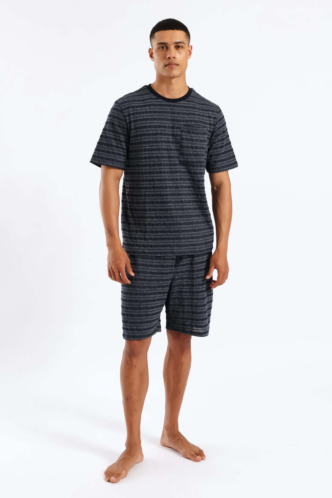Salt & Pepper Stripe Pyjama Shorts - Navy - Image 4