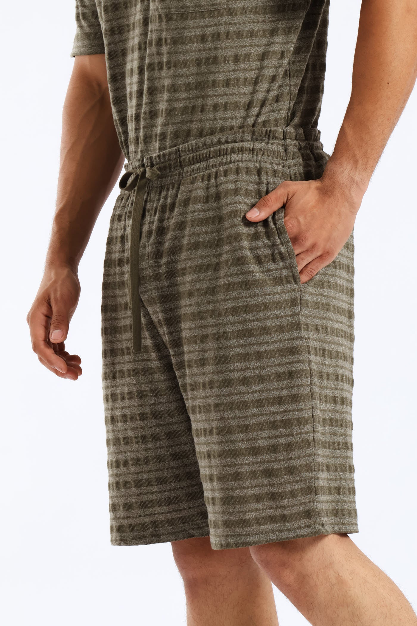 Salt & Pepper Stripe Pyjama Shorts - Olive - Image 2