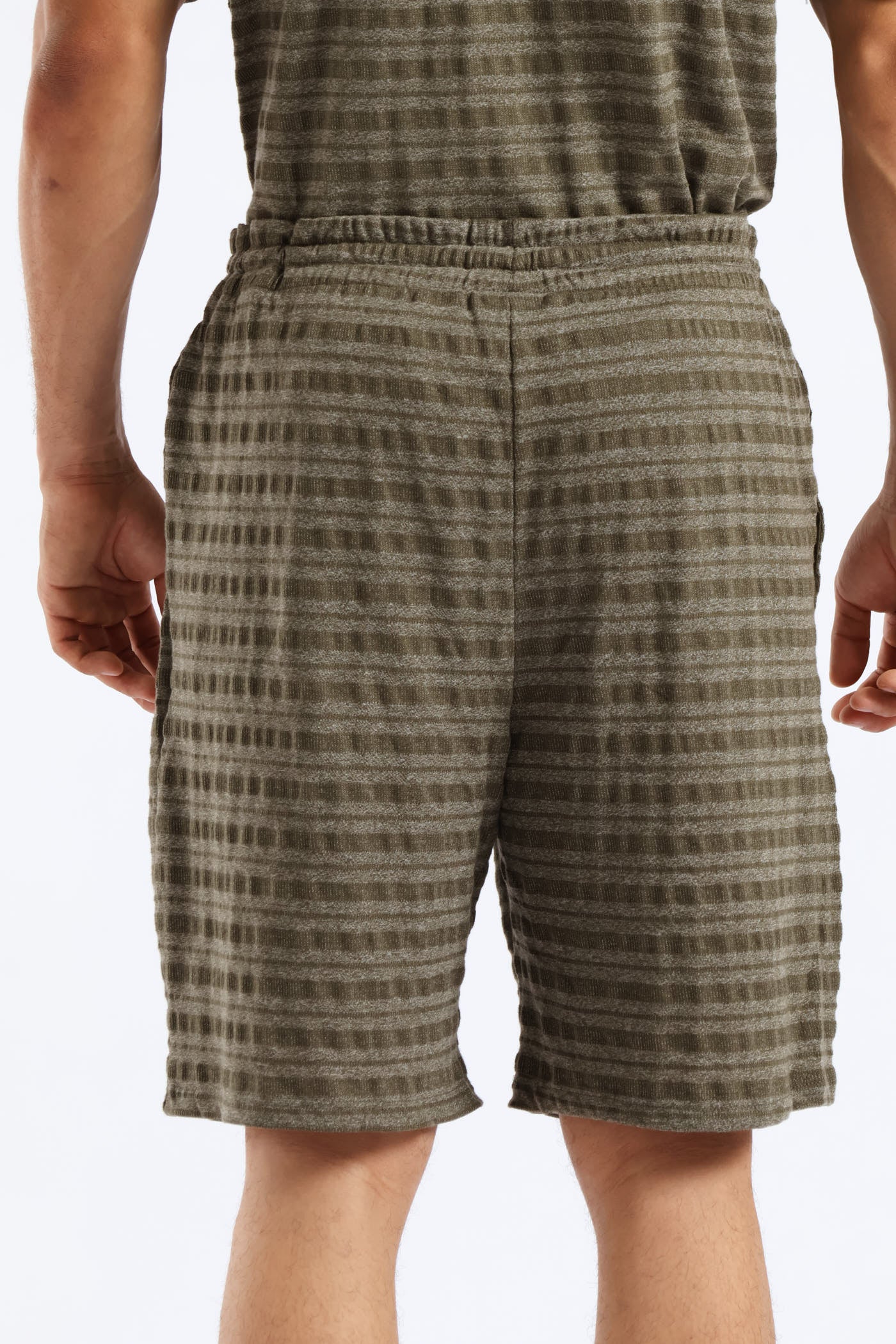 Salt & Pepper Stripe Pyjama Shorts - Olive - Image 3