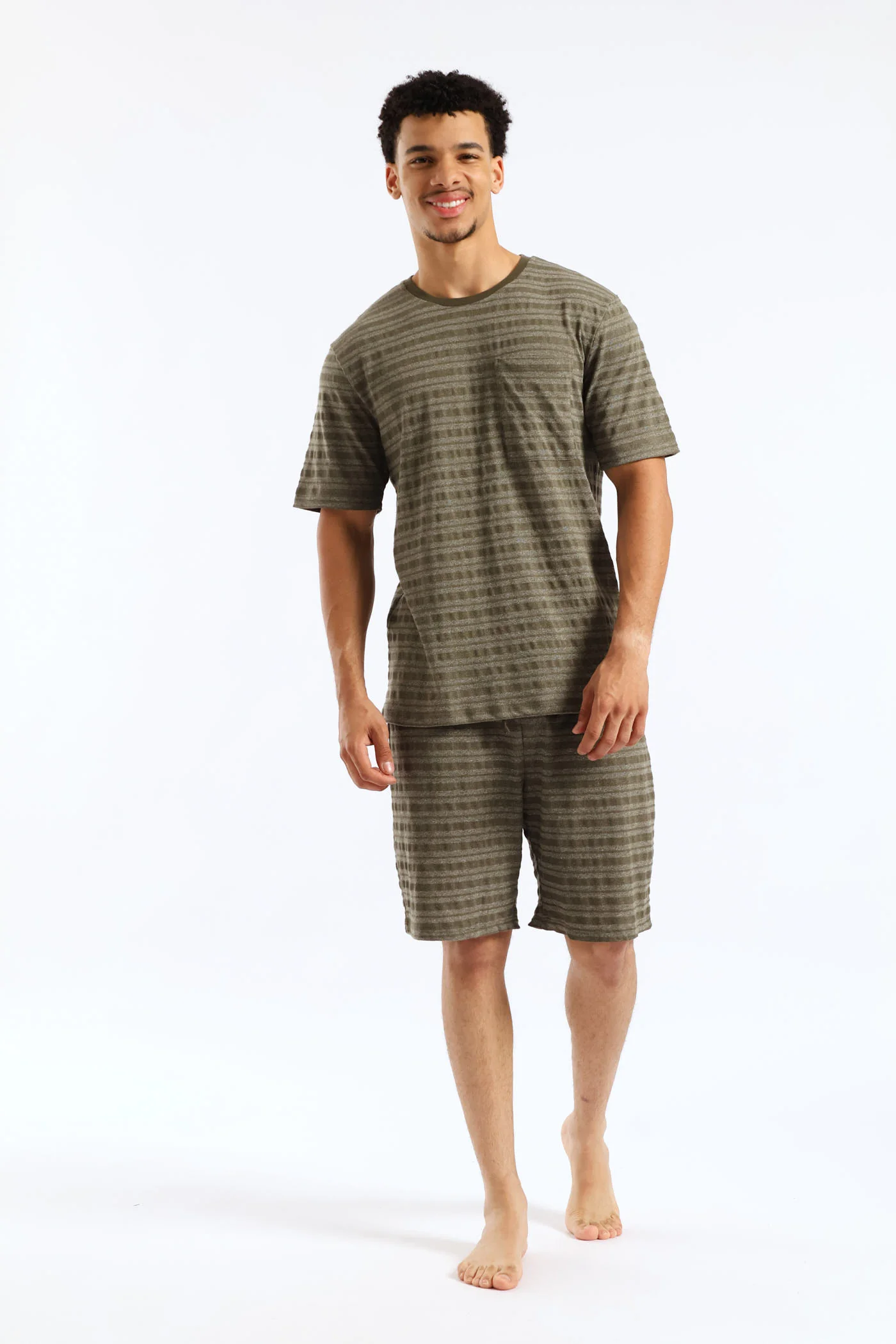 Salt & Pepper Stripe Pyjama Top - Olive - Image 4