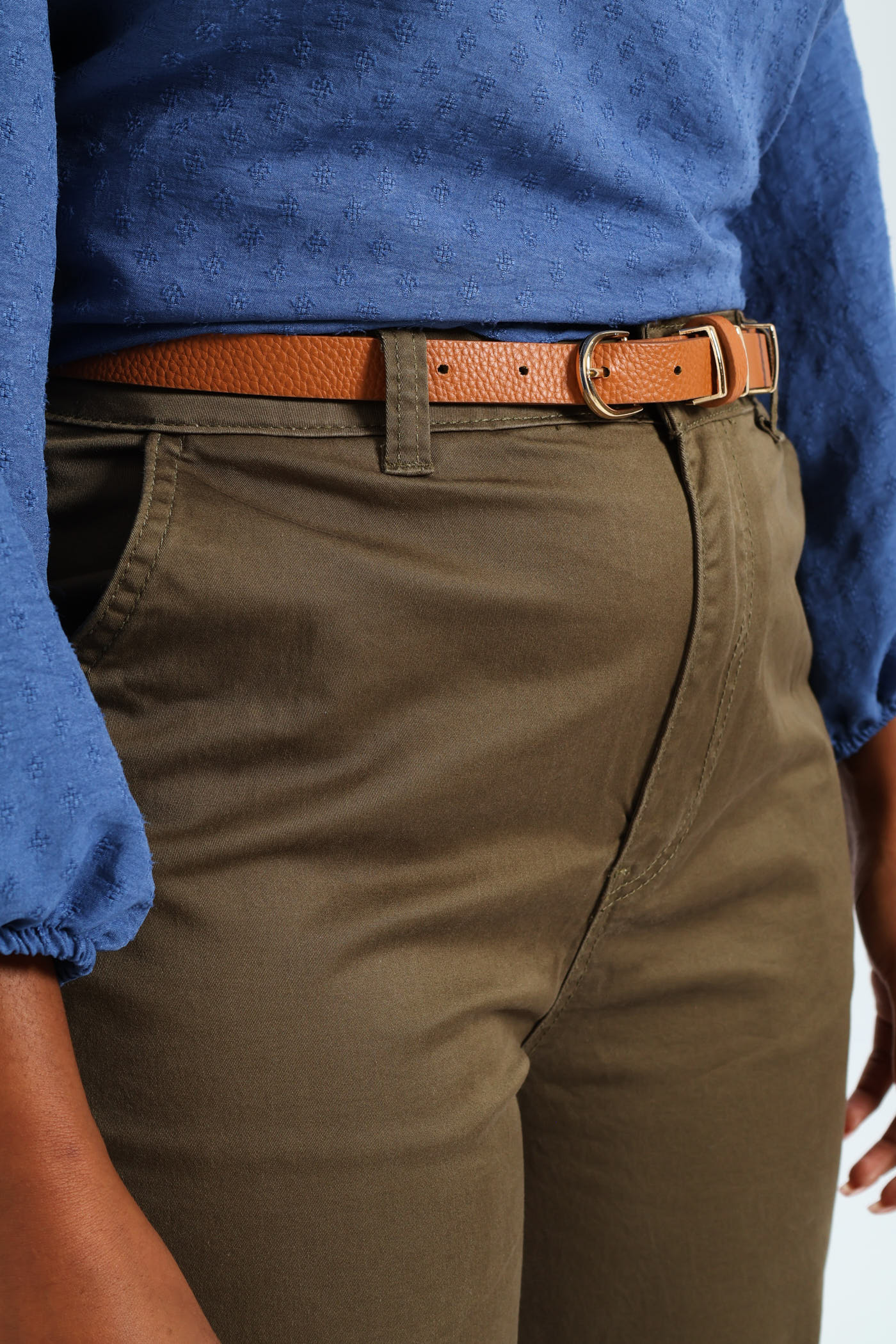 Sateen Belted Straight Chino Pants - Fatigue - Image 2