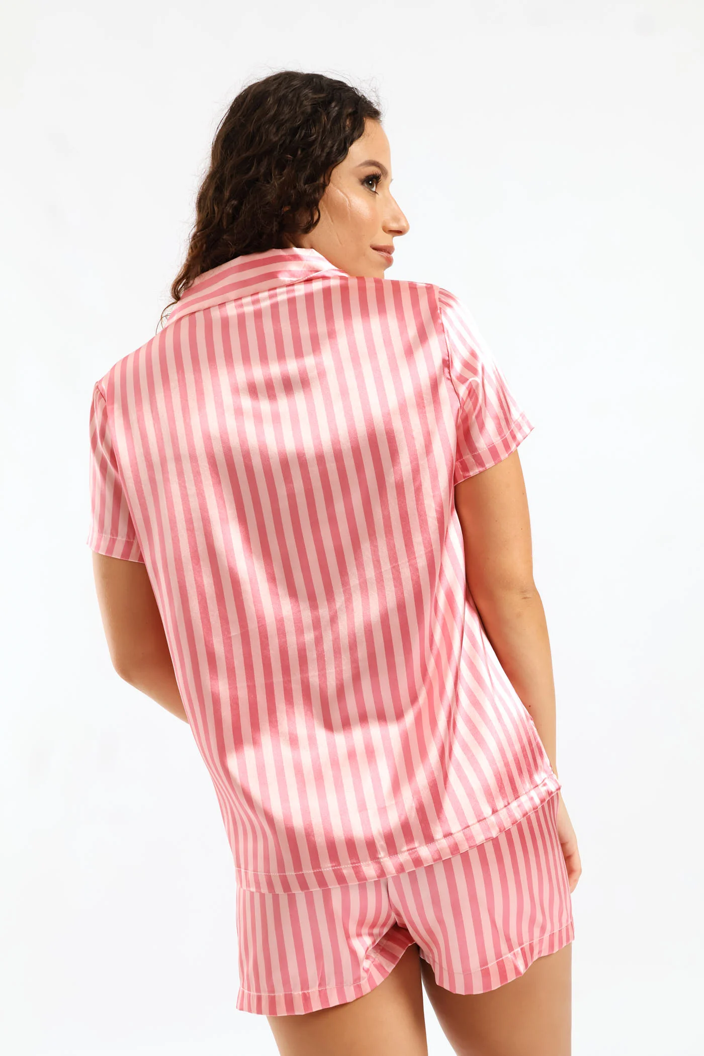 Satin Button Through & Stripe Short Set - Pink - Image 6