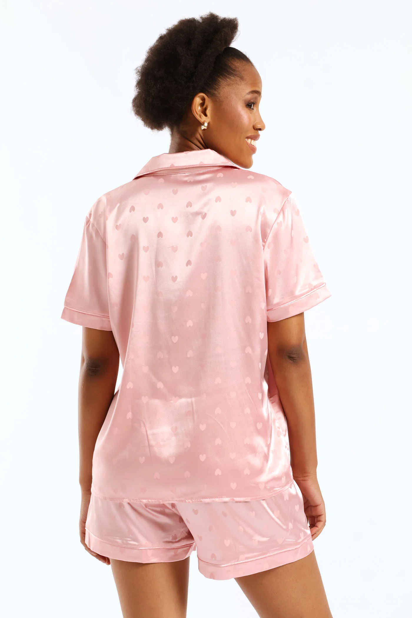 Satin Embossed Button Through & Short Set - Pink - Image 4