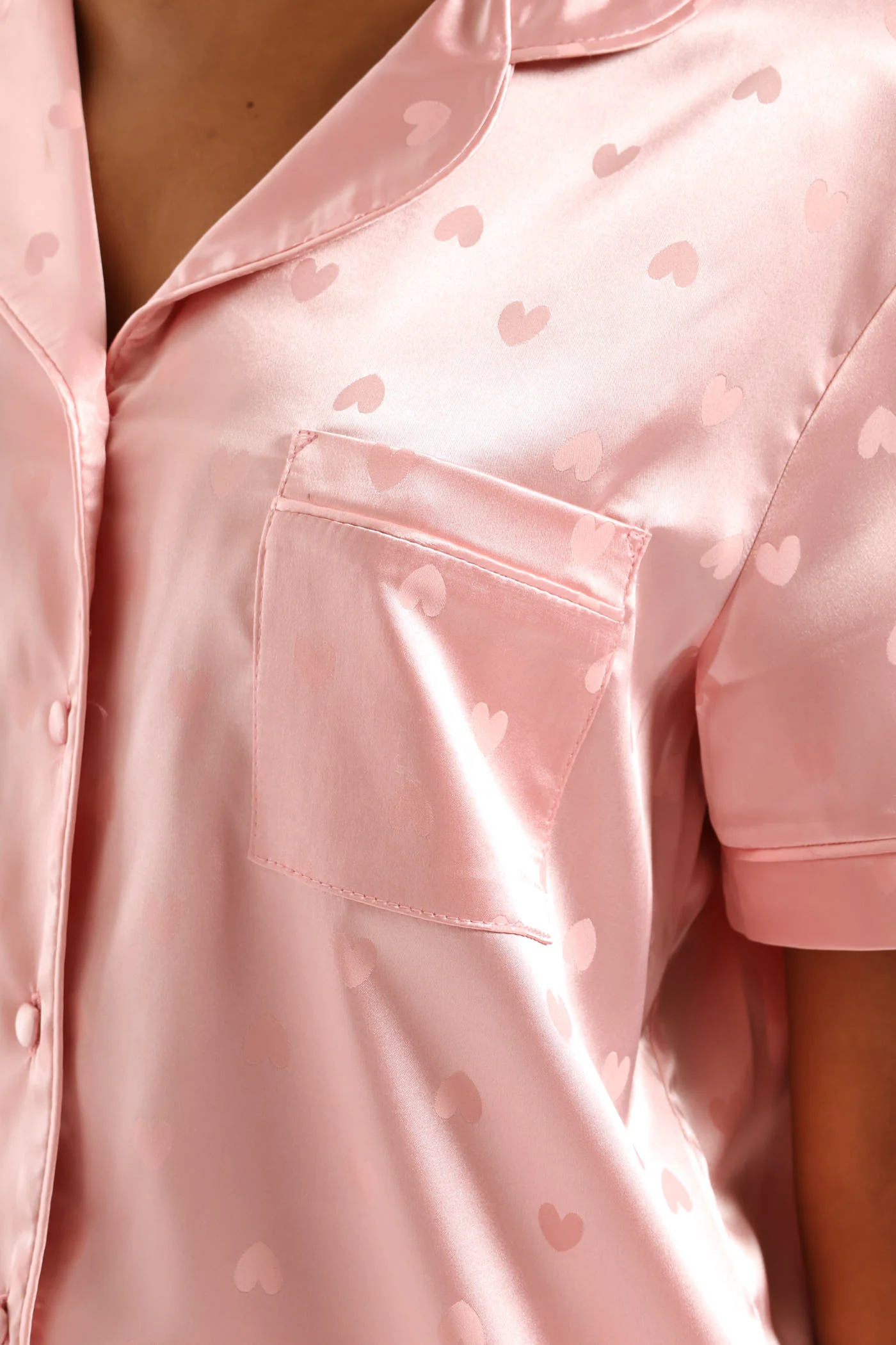 Satin Embossed Button Through & Short Set - Pink - Image 5