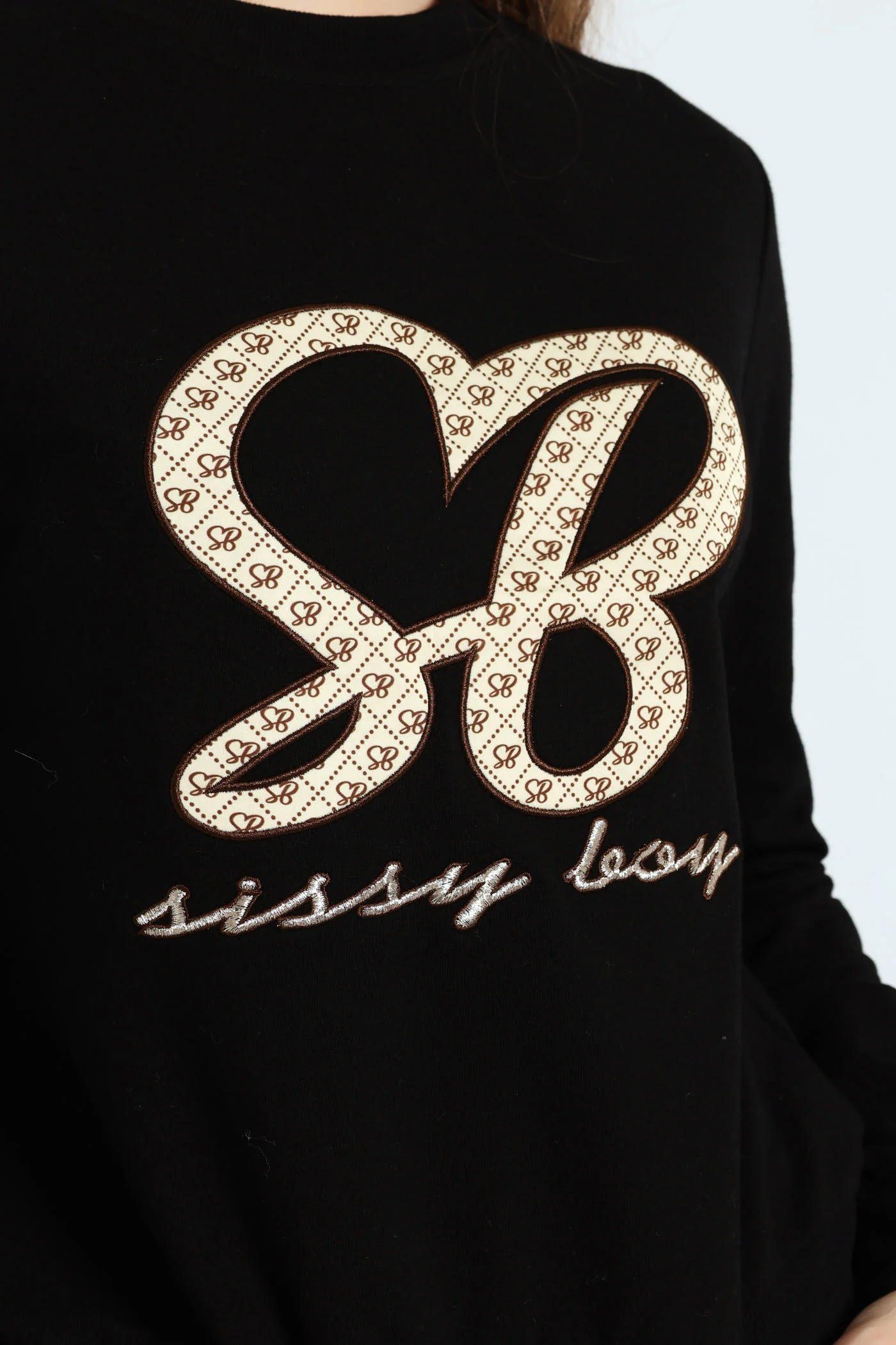 Satin Embroidered Applique Logo Sweat Top - Black - Image 4