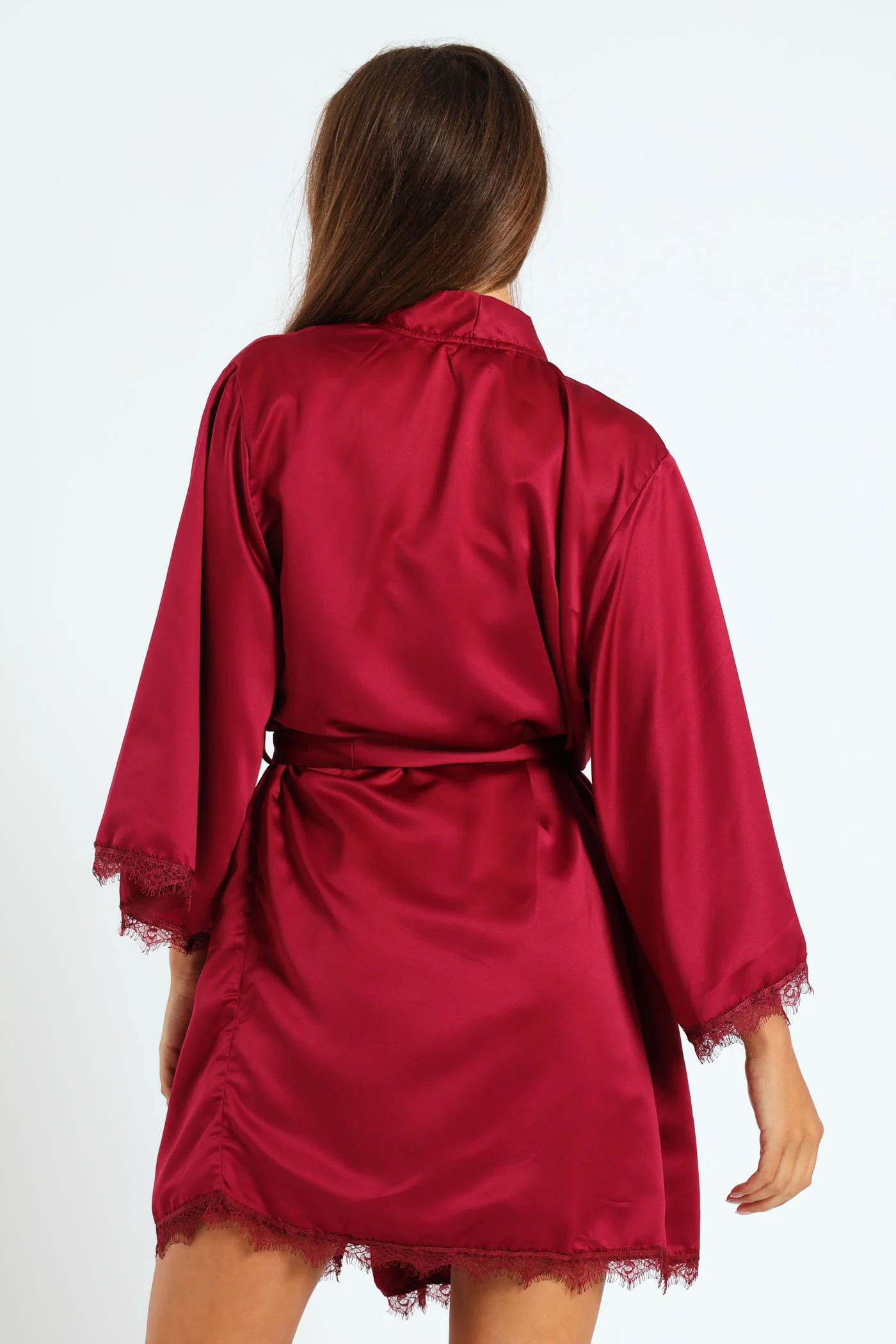 Satin Lace Trim Gown - Deep Red - Image 2