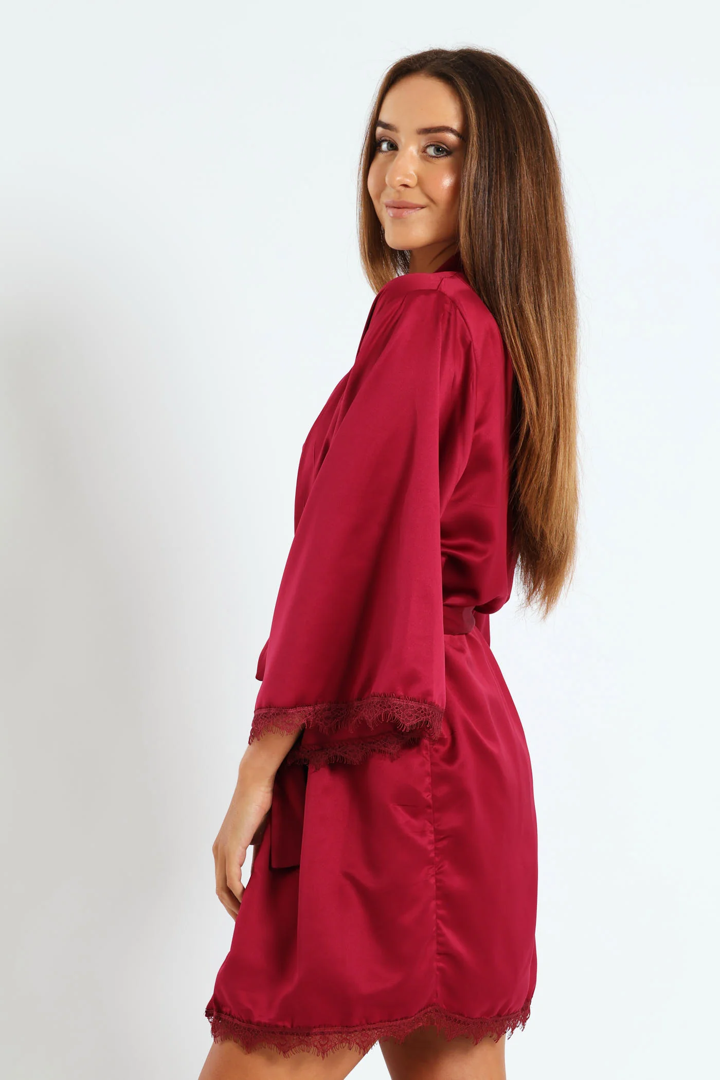 Satin Lace Trim Gown - Deep Red - Image 3
