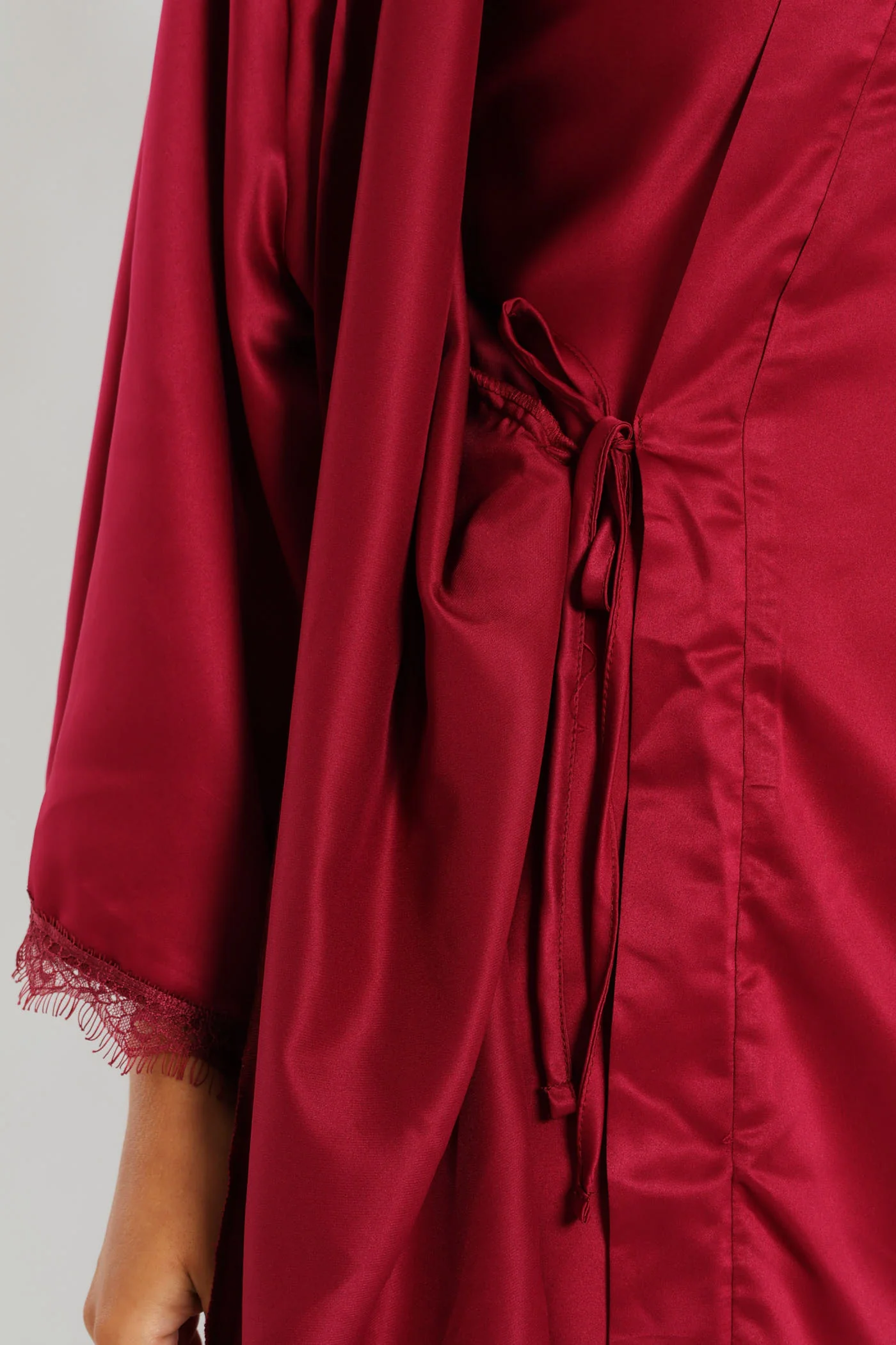Satin Lace Trim Gown - Deep Red - Image 4